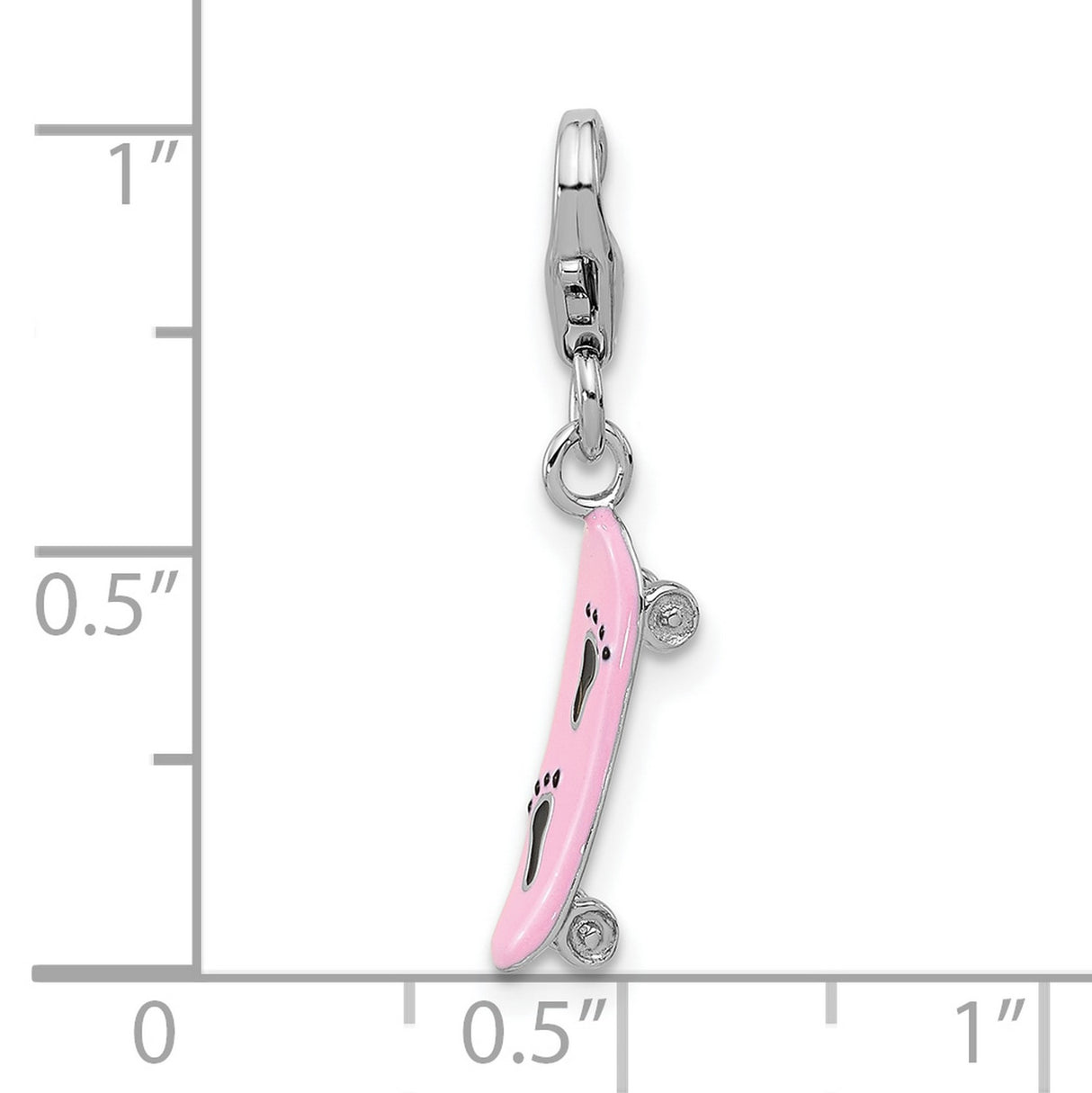 Sterling Silver Skateboard Charm with Pink Enamel and Black Footprints, Lobster Clasp Pendant