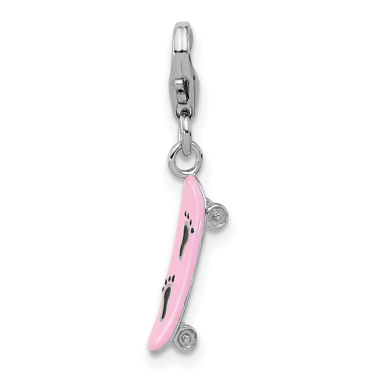 Sterling Silver Skateboard Charm with Pink Enamel and Black Footprints, Lobster Clasp Pendant