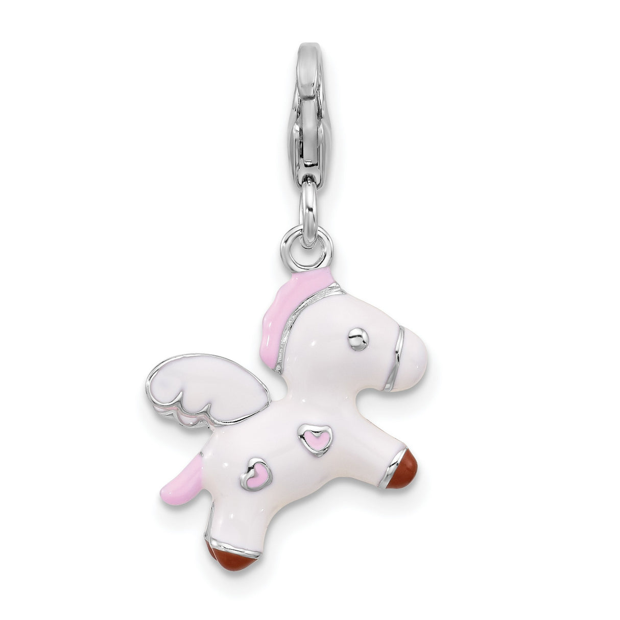 Sterling Silver Unicorn Charm with Pink Mane and Wings, Fantasy Pegasus Pendant