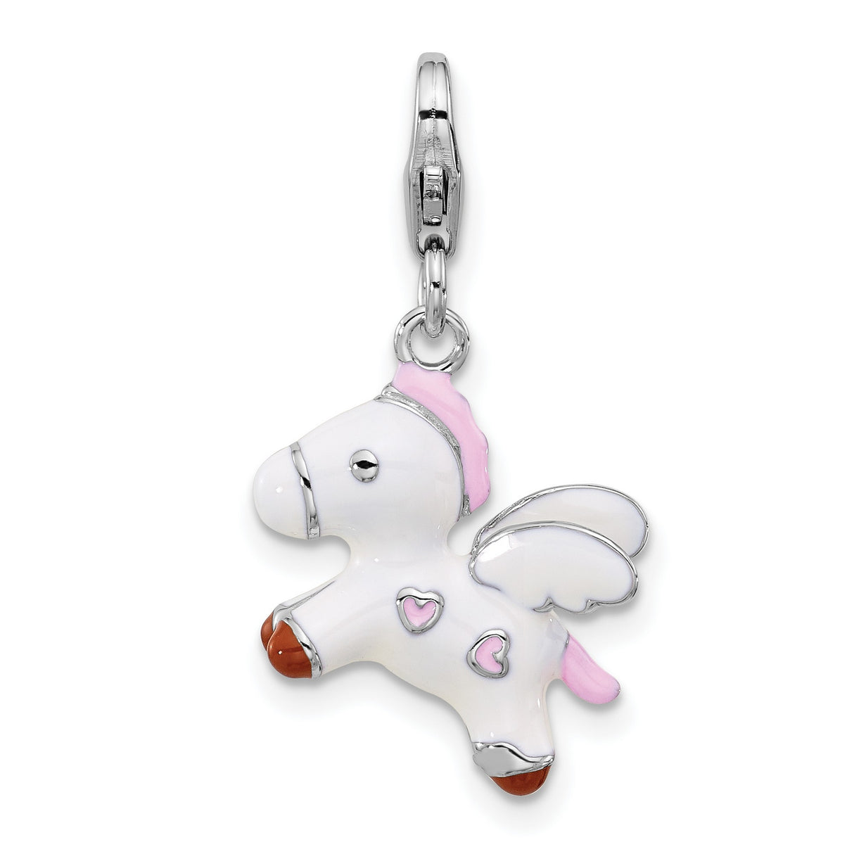 Sterling Silver Unicorn Charm with Pink Mane and Wings, Fantasy Pegasus Pendant
