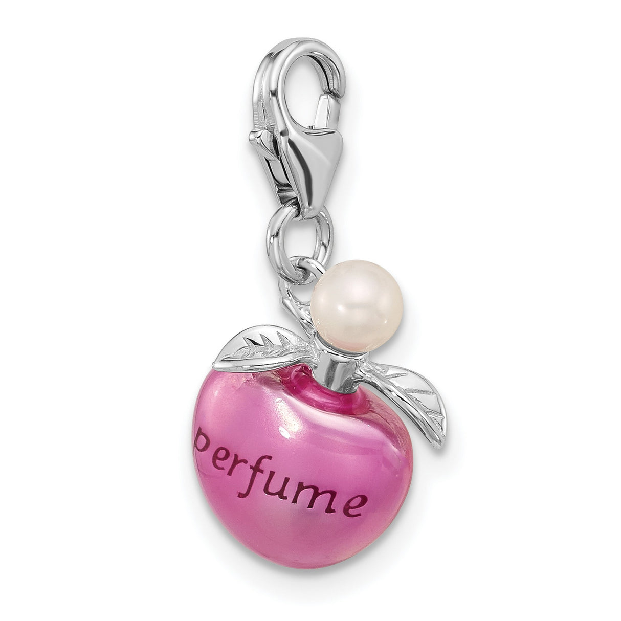 Sterling Silver Perfume Bottle Charm Pendant with Pearl Accent, Feminine 3D Design