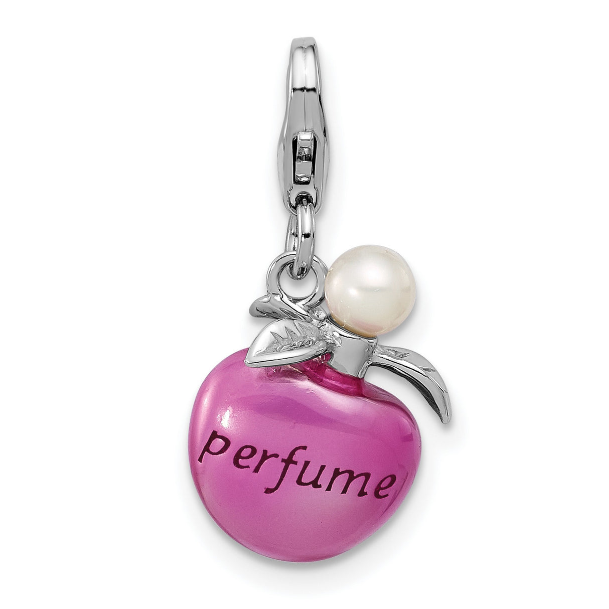 Sterling Silver Perfume Bottle Charm Pendant with Pearl Accent, Feminine 3D Design