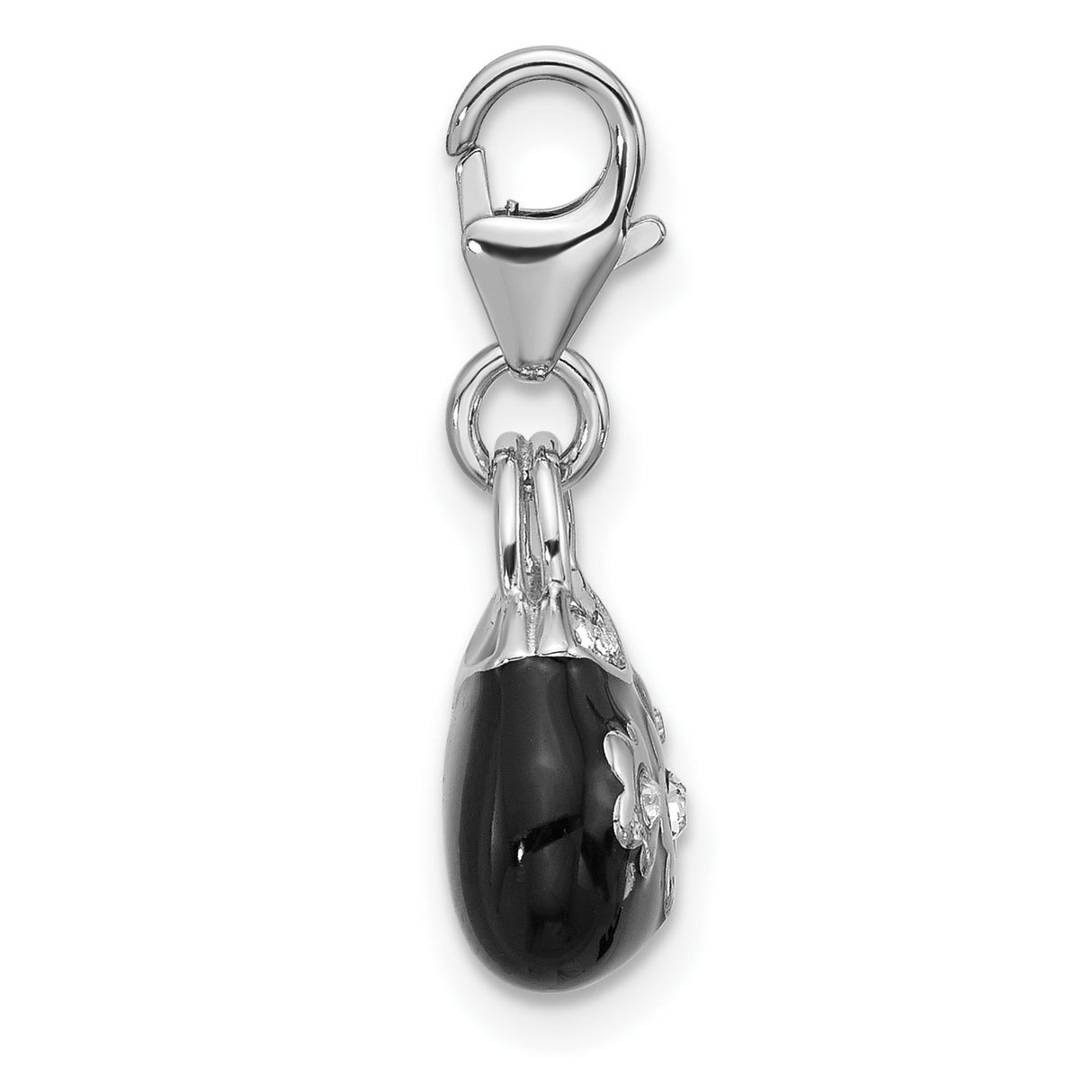 Sterling Silver Purse Charm Pendant with Crystal, Black Enamel Floral Design, Lobster Clasp