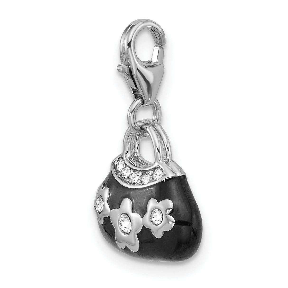 Sterling Silver Purse Charm Pendant with Crystal, Black Enamel Floral Design, Lobster Clasp