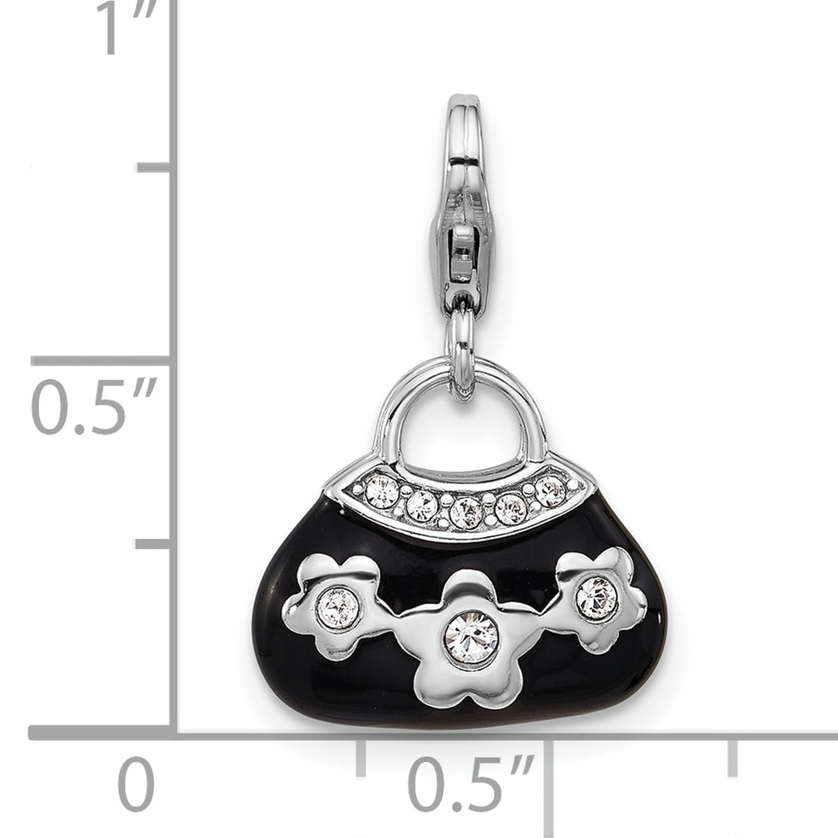 Sterling Silver Purse Charm Pendant with Crystal, Black Enamel Floral Design, Lobster Clasp