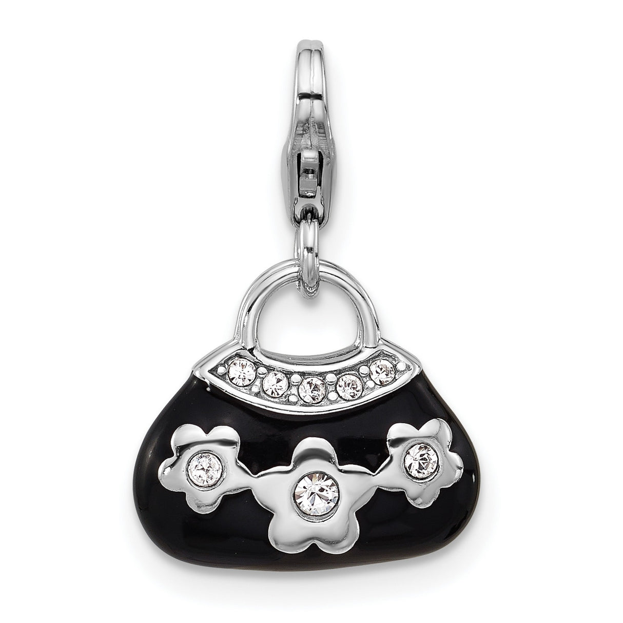 Sterling Silver Purse Charm Pendant with Crystal, Black Enamel Floral Design, Lobster Clasp