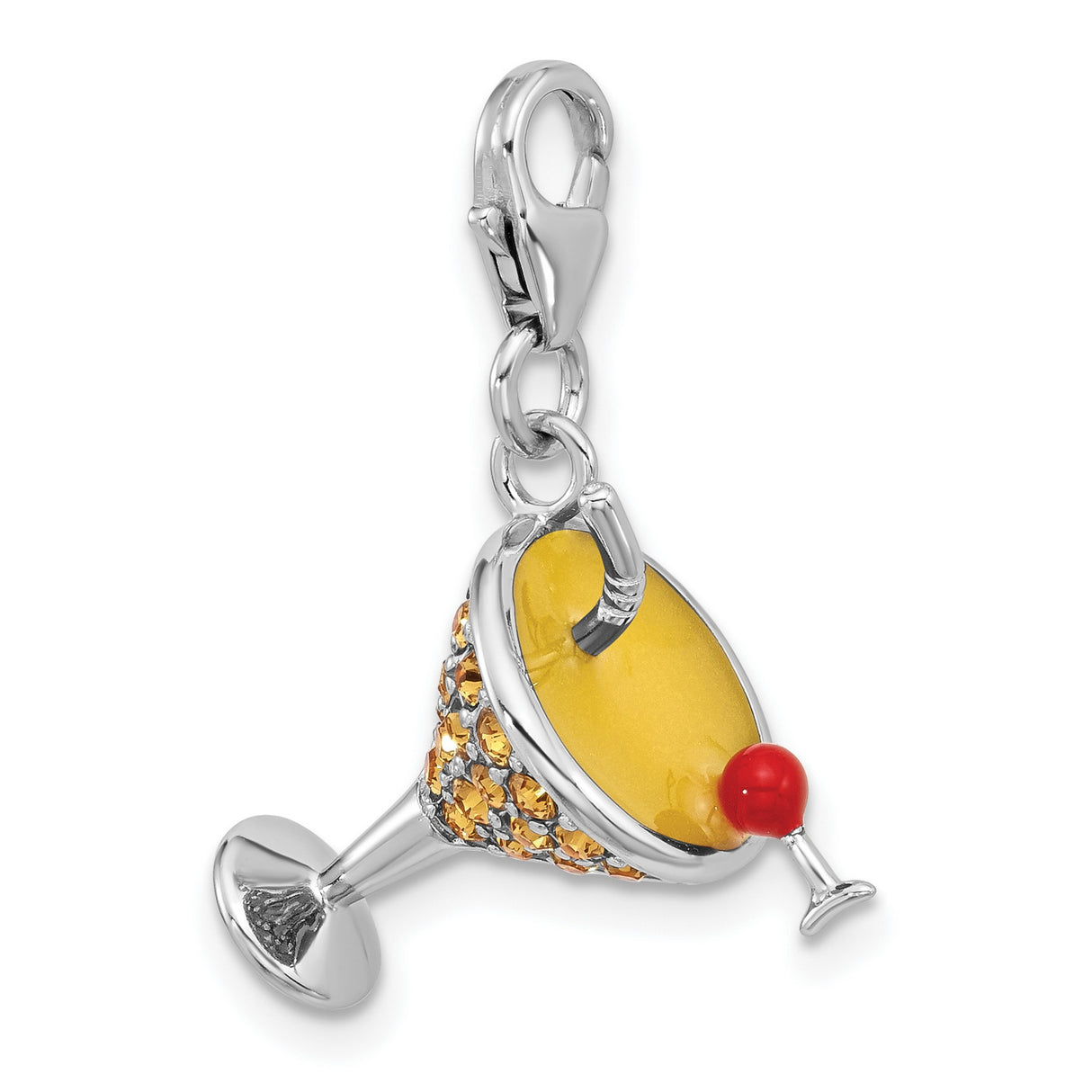 Sterling Silver Martini Glass Charm with Orange Cubic Zirconia and Red Enamel Garnish