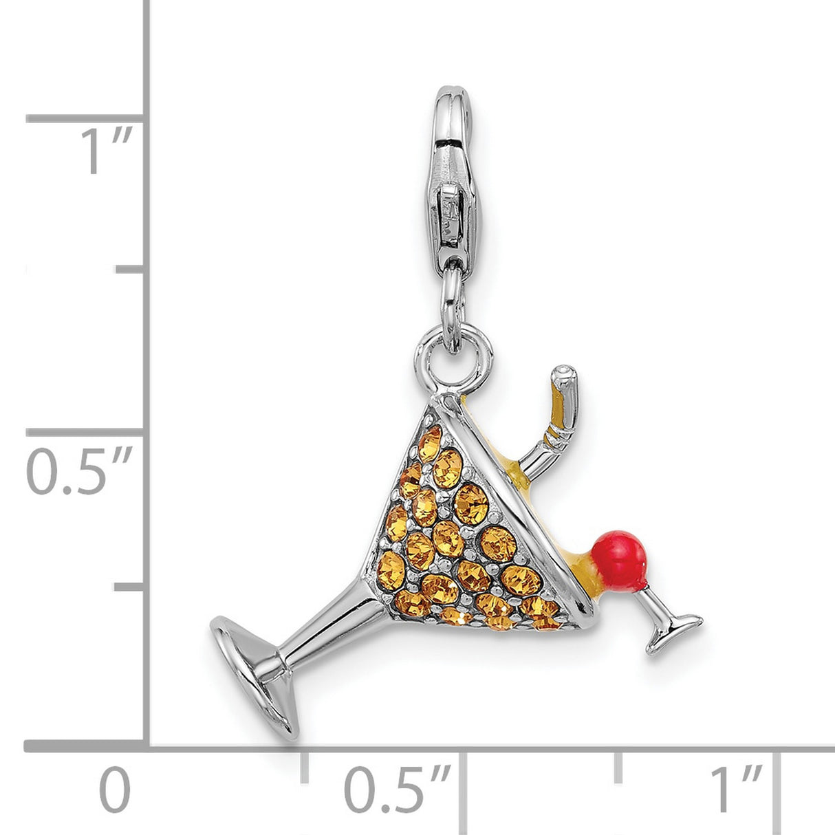 Sterling Silver Martini Glass Charm with Orange Cubic Zirconia and Red Enamel Garnish