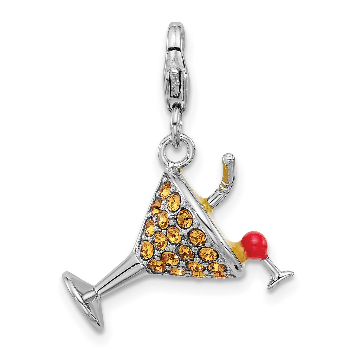 Sterling Silver Martini Glass Charm with Orange Cubic Zirconia and Red Enamel Garnish
