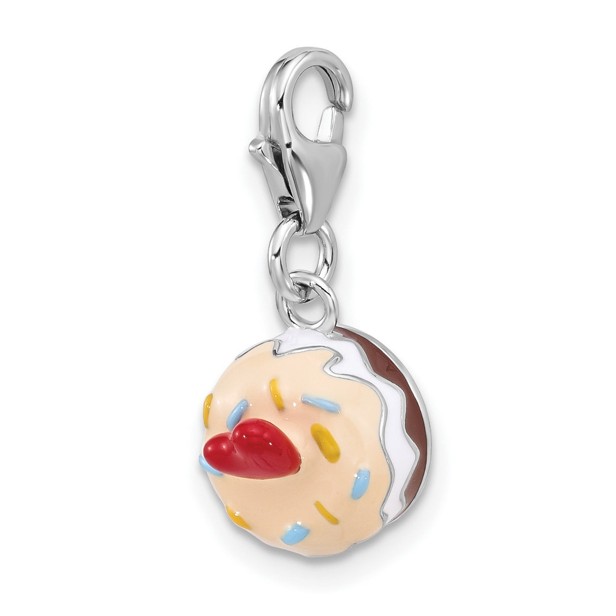 Sterling Silver Donut Charm with Enamel Icing, Colorful Sprinkles, 3D Dessert Design