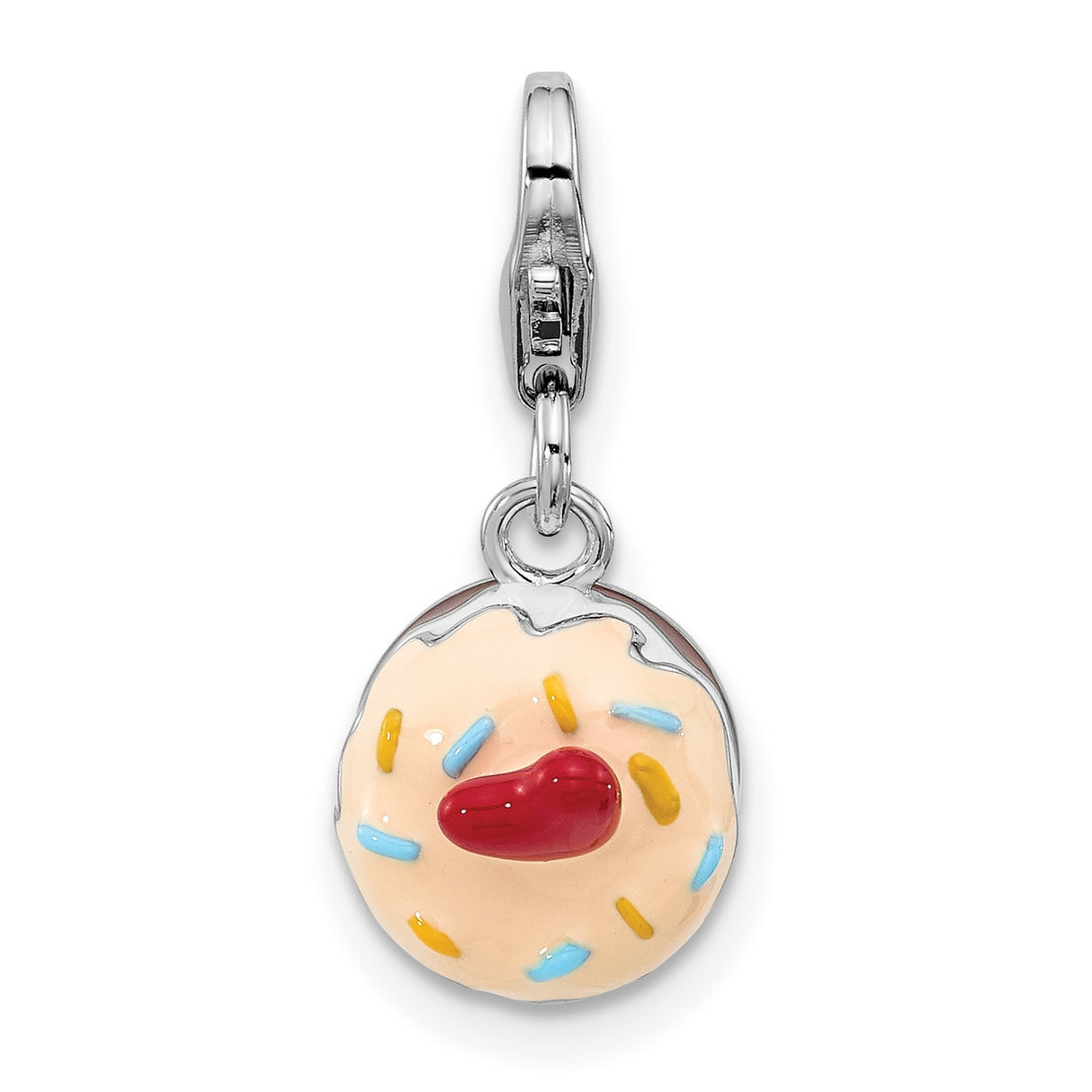 Sterling Silver Donut Charm with Enamel Icing, Colorful Sprinkles, 3D Dessert Design