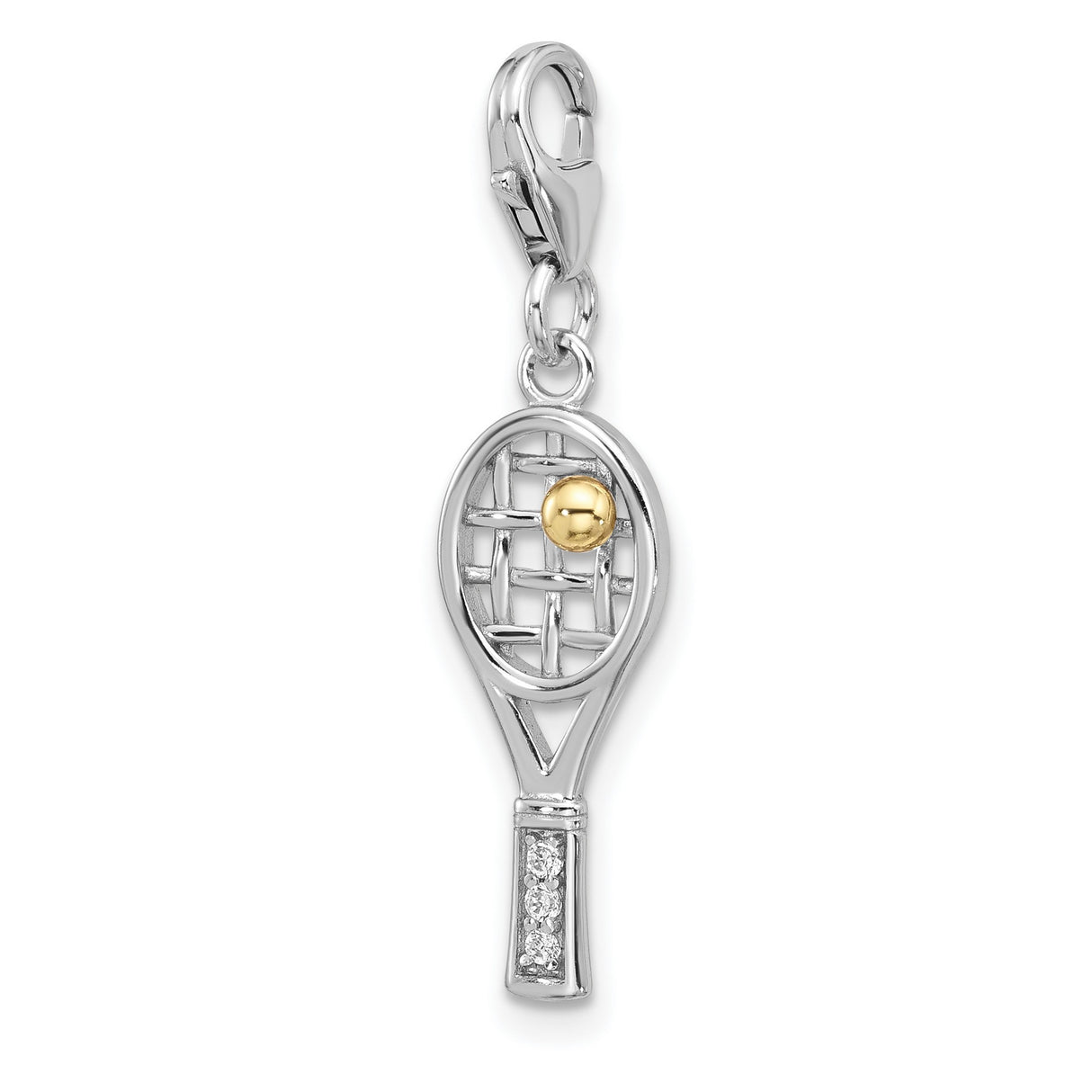 Sterling Silver Tennis Racquet Charm with Cubic Zirconia and Yellow Accent Ball