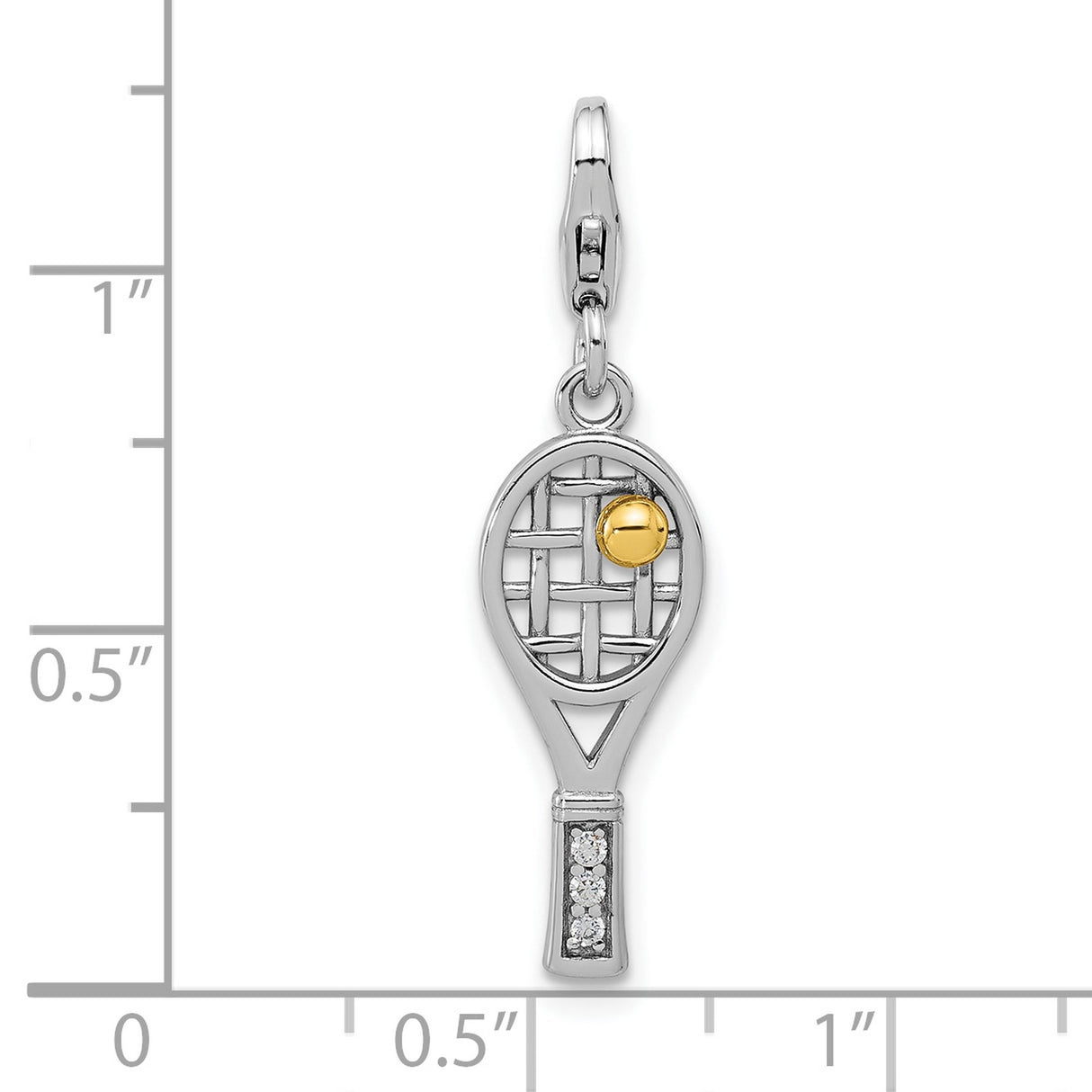Sterling Silver Tennis Racquet Charm with Cubic Zirconia and Yellow Accent Ball