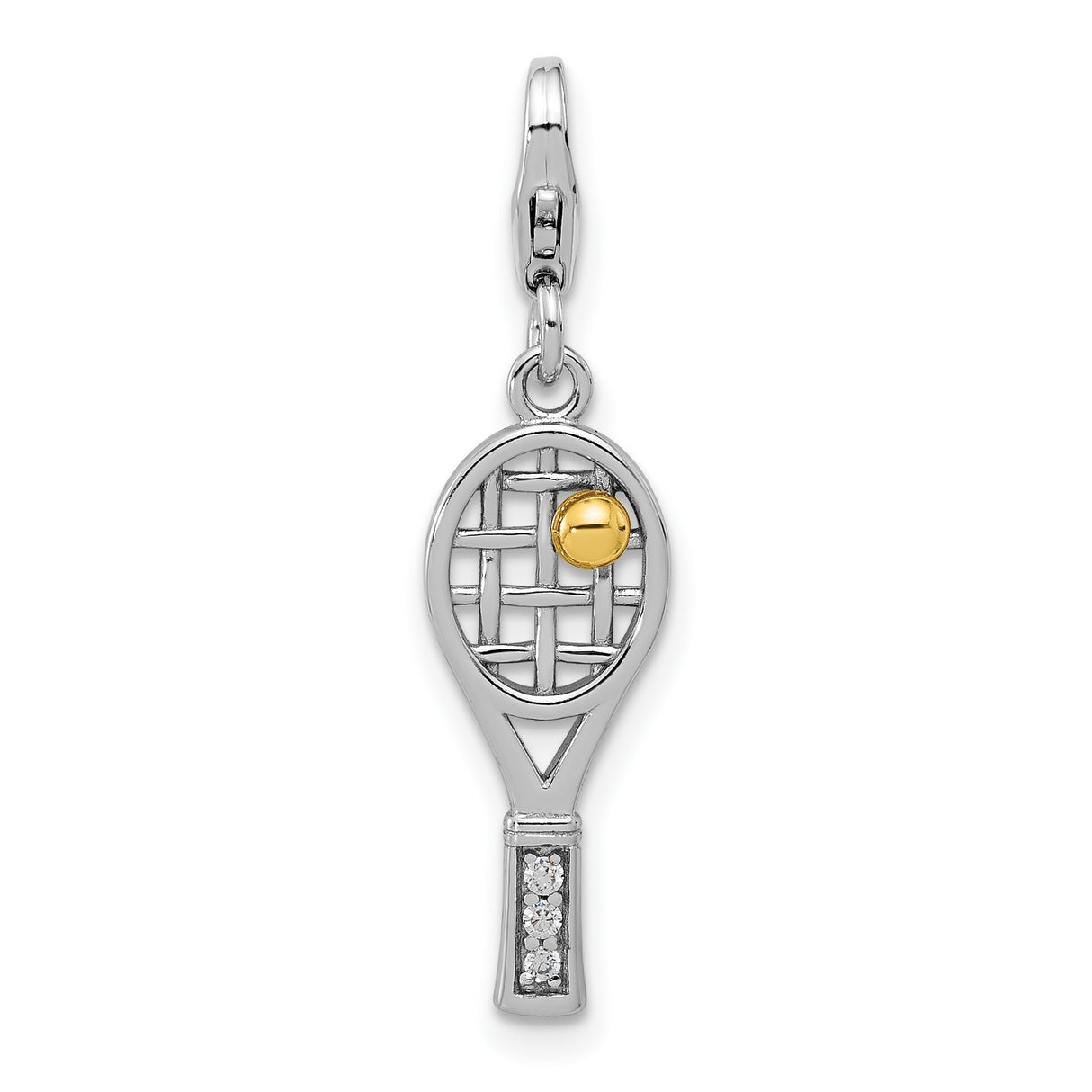 Sterling Silver Tennis Racquet Charm with Cubic Zirconia and Yellow Accent Ball