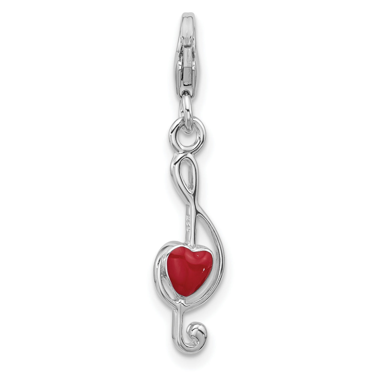 Sterling Silver Treble Clef Pendant with Red Heart Accent, Musical Charm for Women
