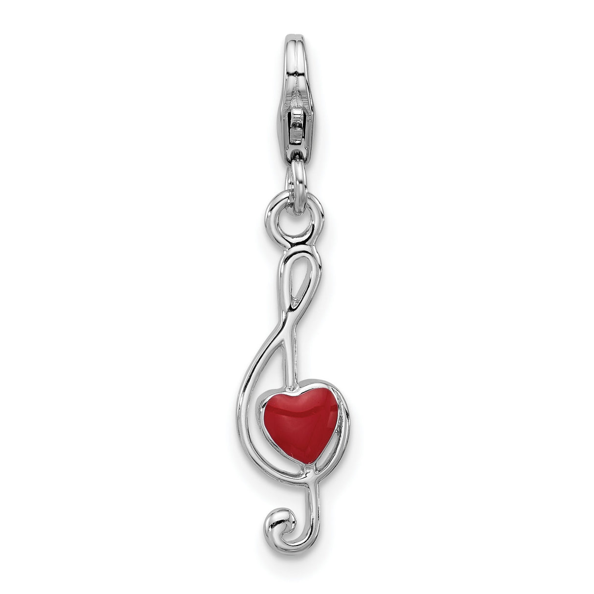 Sterling Silver Treble Clef Pendant with Red Heart Accent, Musical Charm for Women