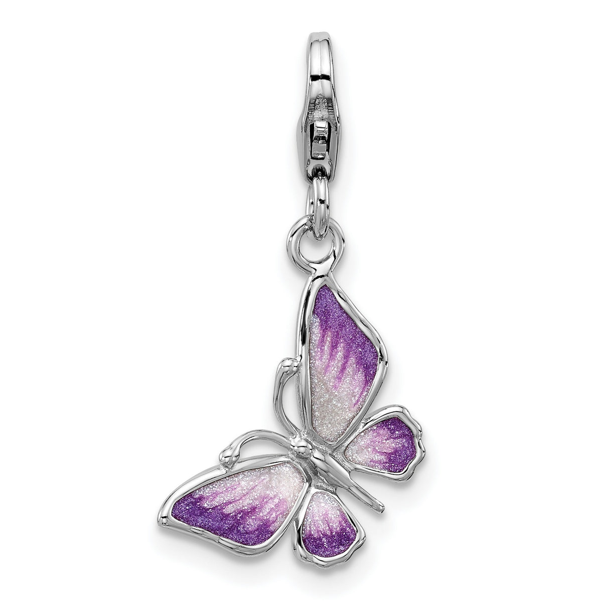 Sterling Silver Butterfly Pendant Charm with Purple and White Enamel, Nature Motif Design
