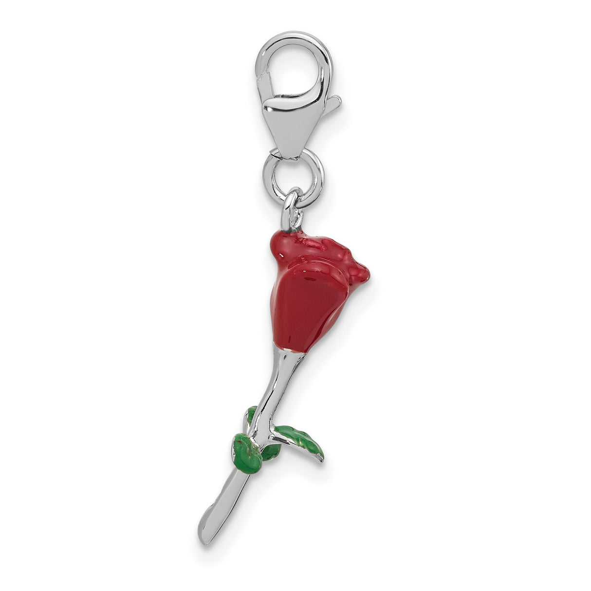 Sterling Silver Rose Charm Pendant with Red and Green Enamel, Blooming Floral Design