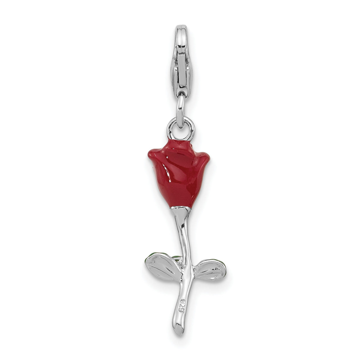 Sterling Silver Rose Charm Pendant with Red and Green Enamel, Blooming Floral Design