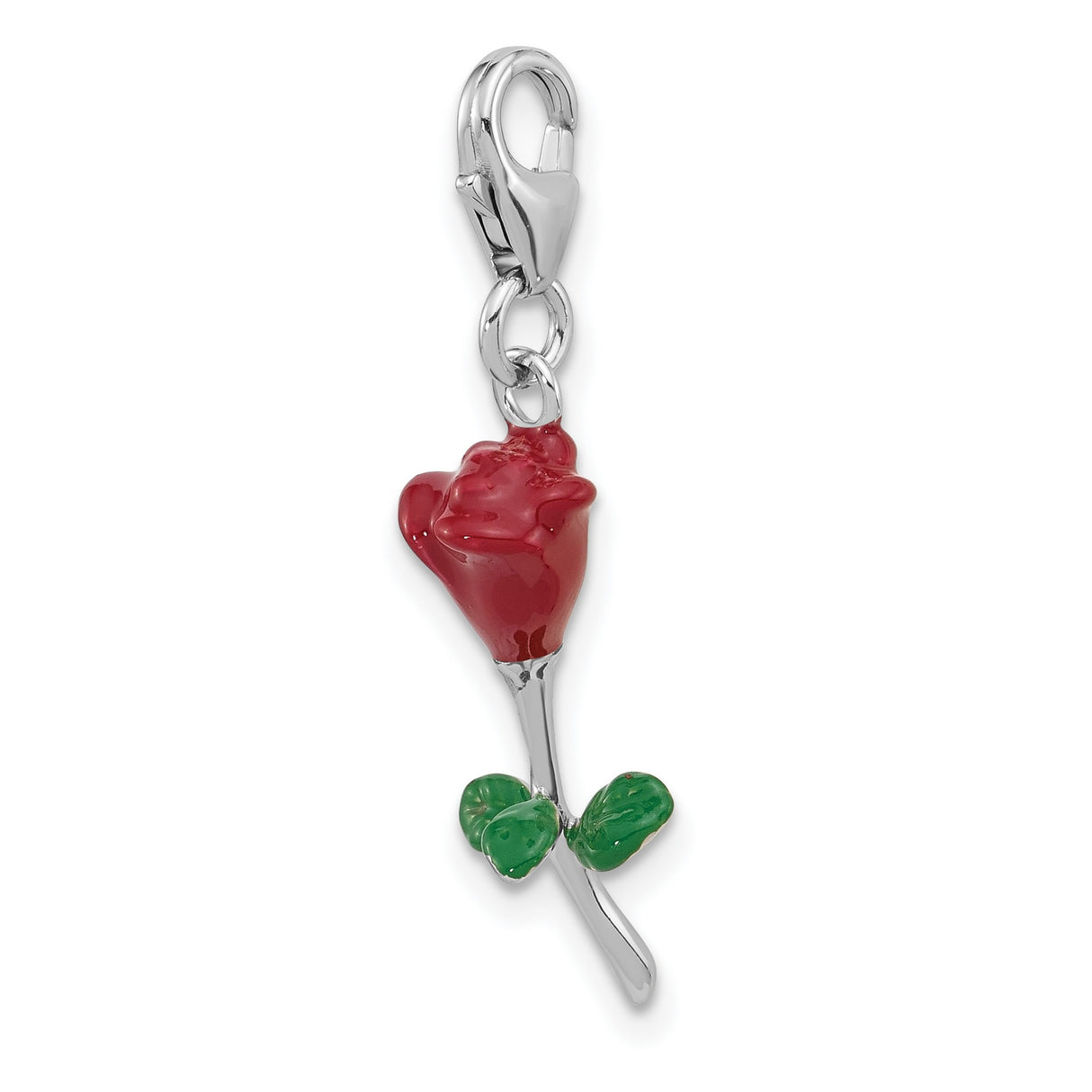 Sterling Silver Rose Charm Pendant with Red and Green Enamel, Blooming Floral Design
