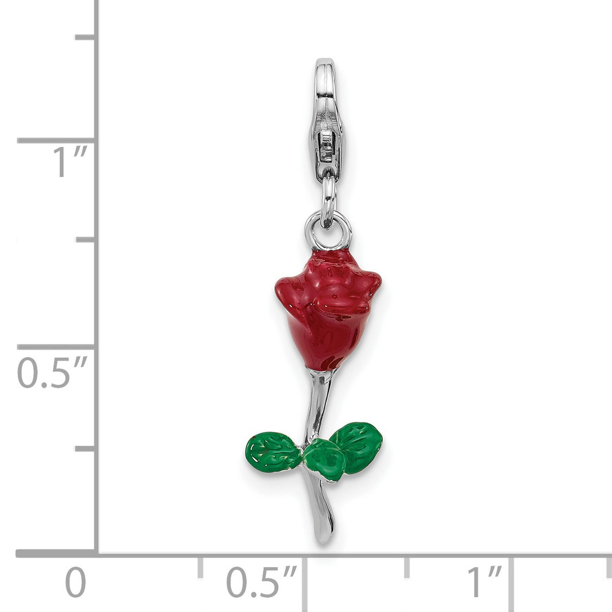 Sterling Silver Rose Charm Pendant with Red and Green Enamel, Blooming Floral Design
