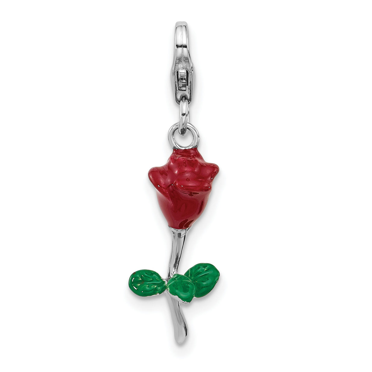 Sterling Silver Rose Charm Pendant with Red and Green Enamel, Blooming Floral Design