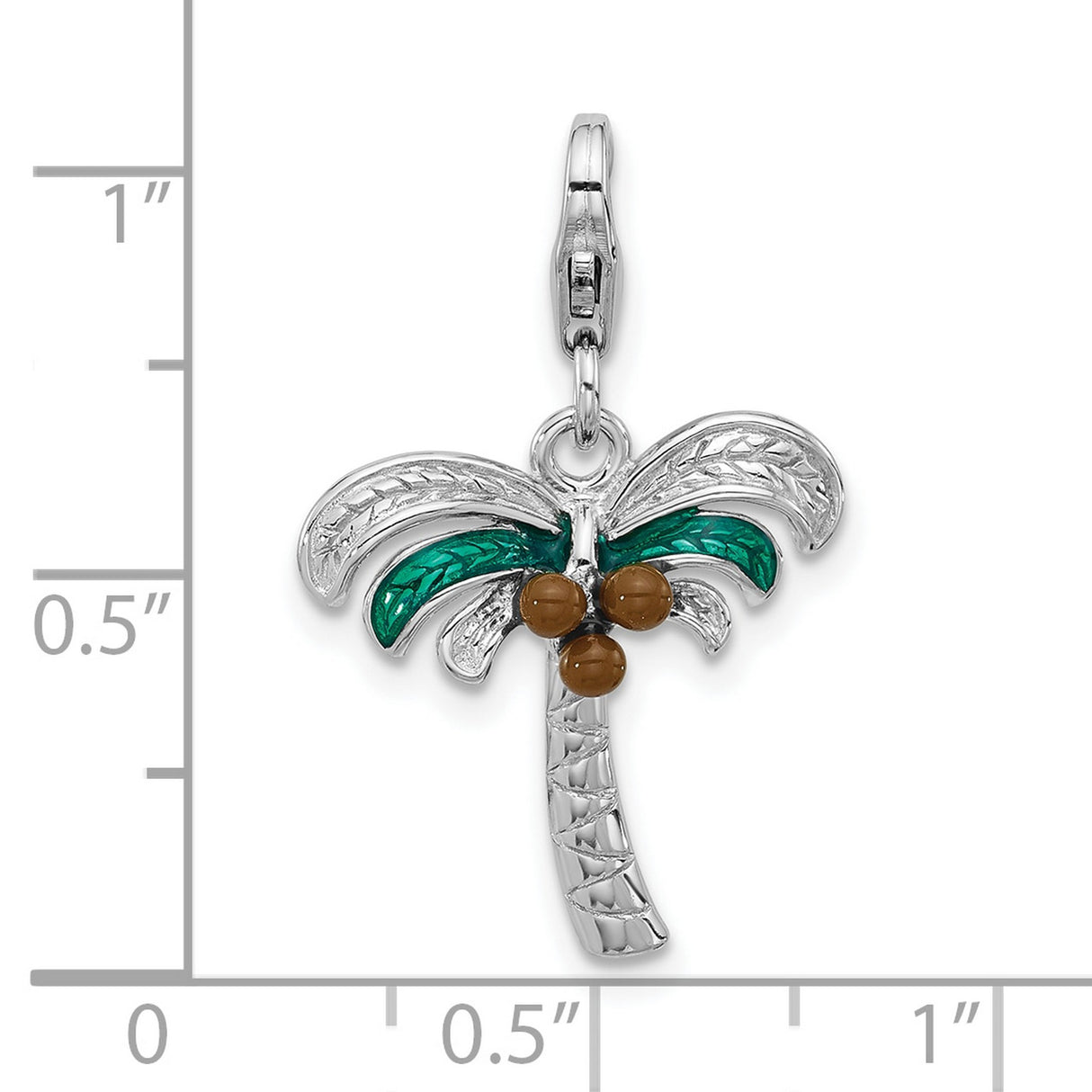 Sterling Silver Palm Tree Pendant with Green Enamel Leaves and Brown Bead Coconuts