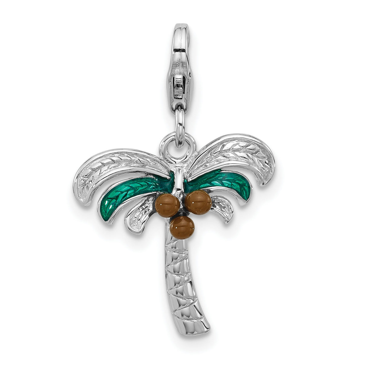 Sterling Silver Palm Tree Pendant with Green Enamel Leaves and Brown Bead Coconuts