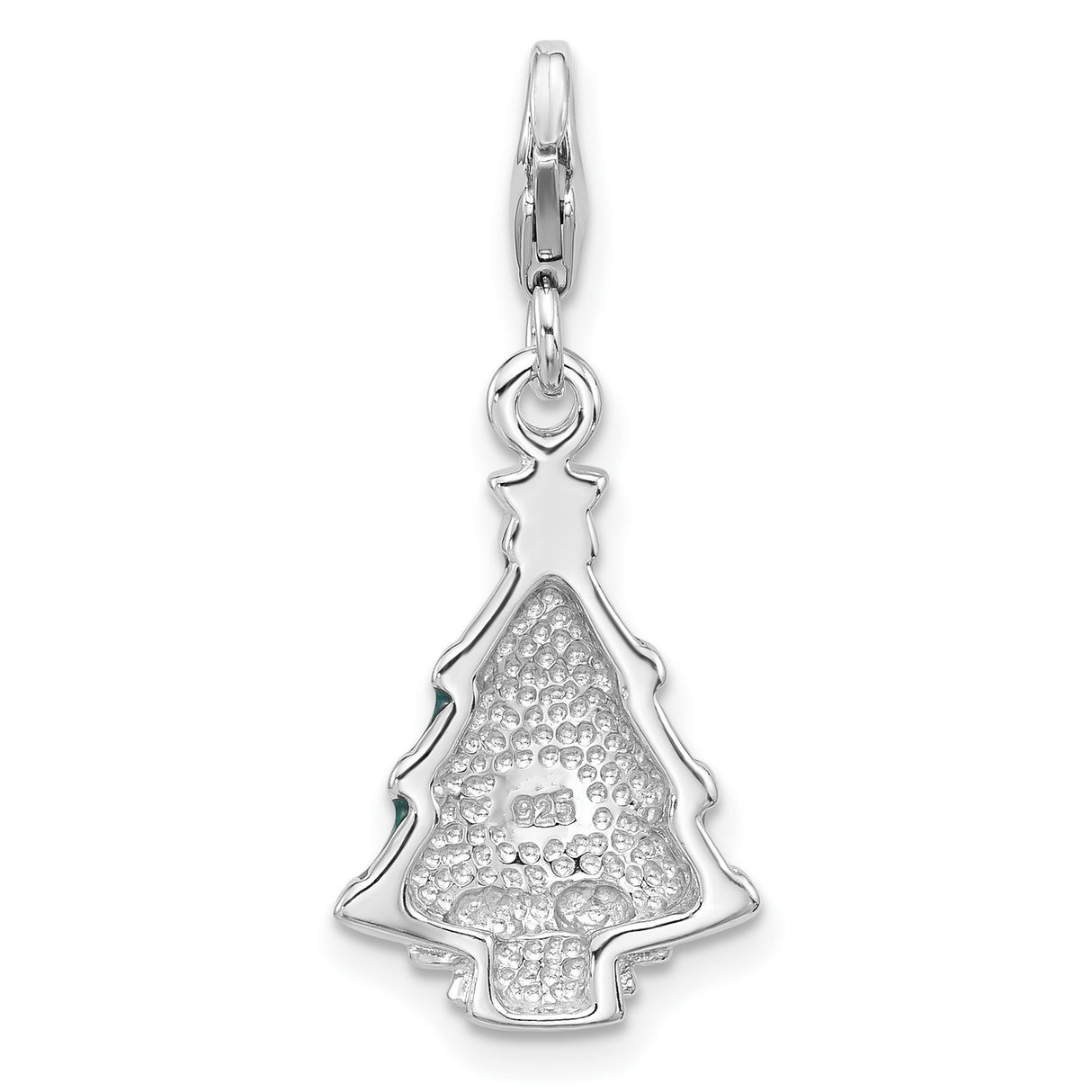 Sterling Silver Christmas Tree Charm Pendant with Green Enamel, Star, and Bow Detail