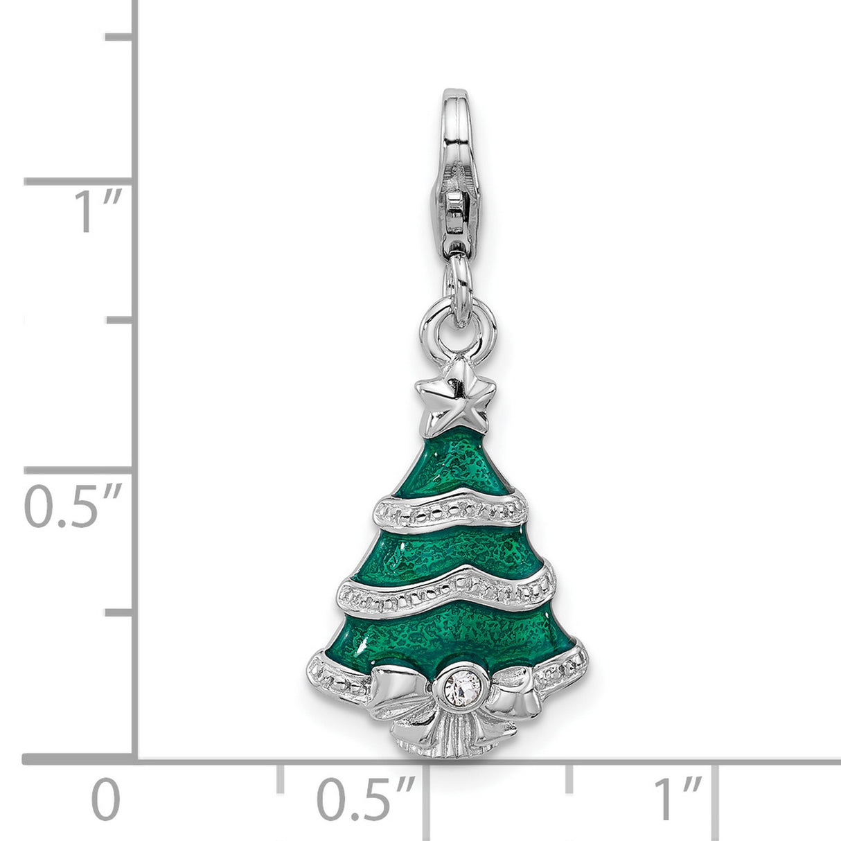 Sterling Silver Christmas Tree Charm Pendant with Green Enamel, Star, and Bow Detail