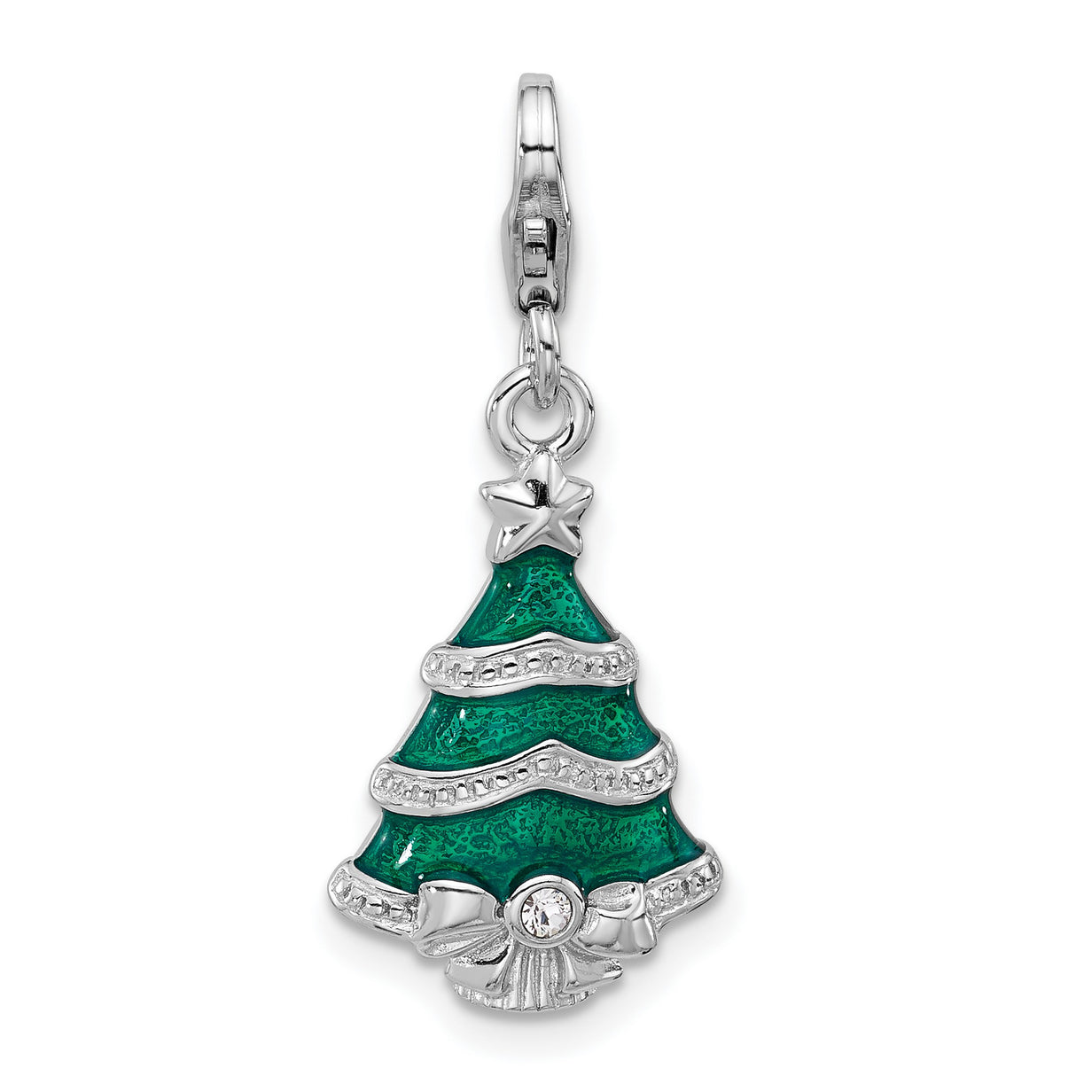 Sterling Silver Christmas Tree Charm Pendant with Green Enamel, Star, and Bow Detail