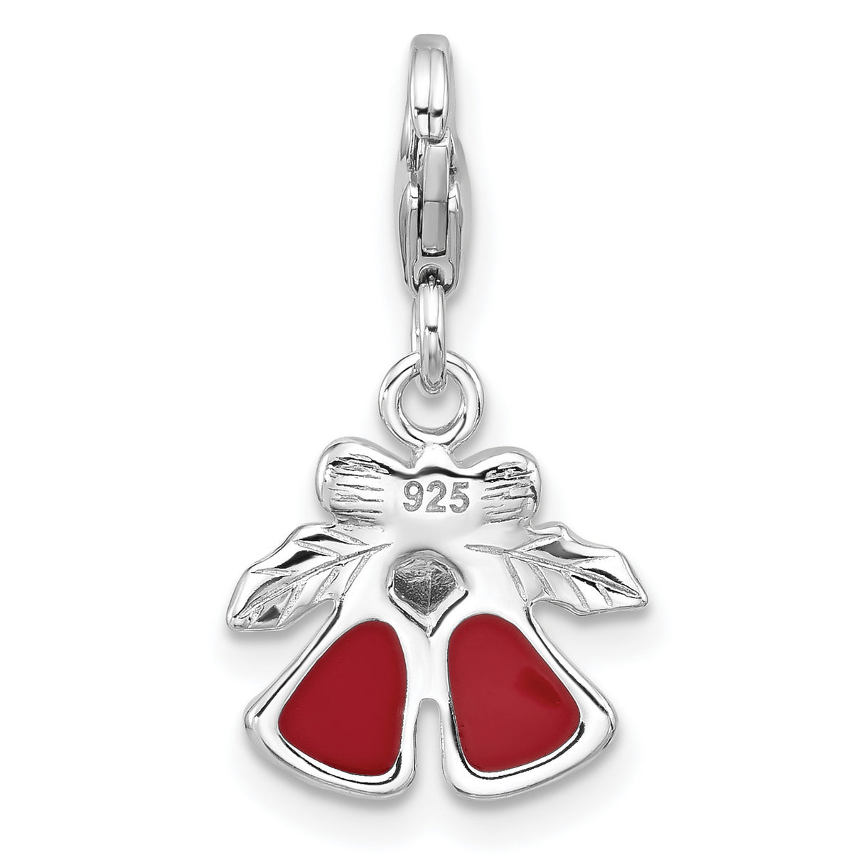 Sterling Silver Christmas Bell Charm with Red Enamel, Holly Leaves, Bow, Lobster Clasp