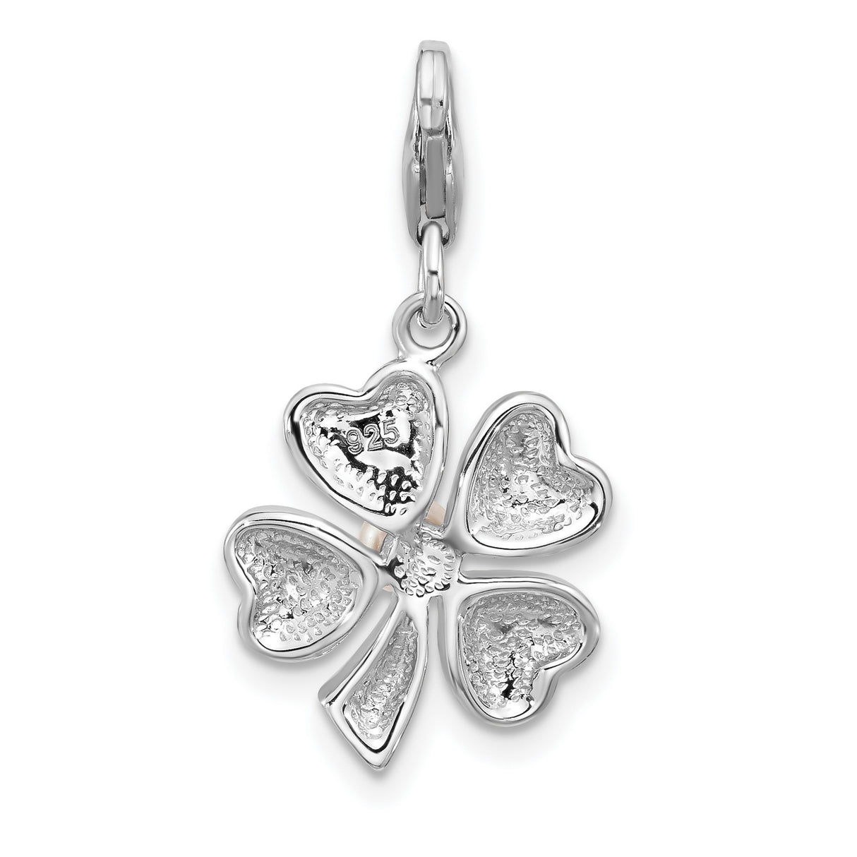 Sterling Silver Four Leaf Clover Pendant with Green Enamel and Pearl Accent