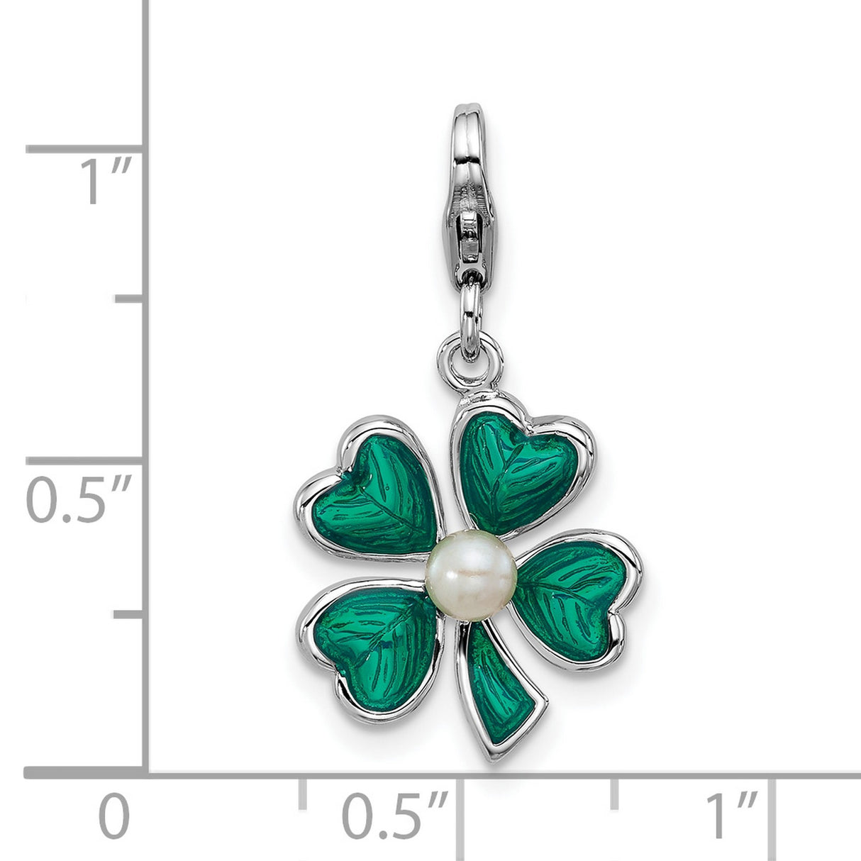 Sterling Silver Four Leaf Clover Pendant with Green Enamel and Pearl Accent