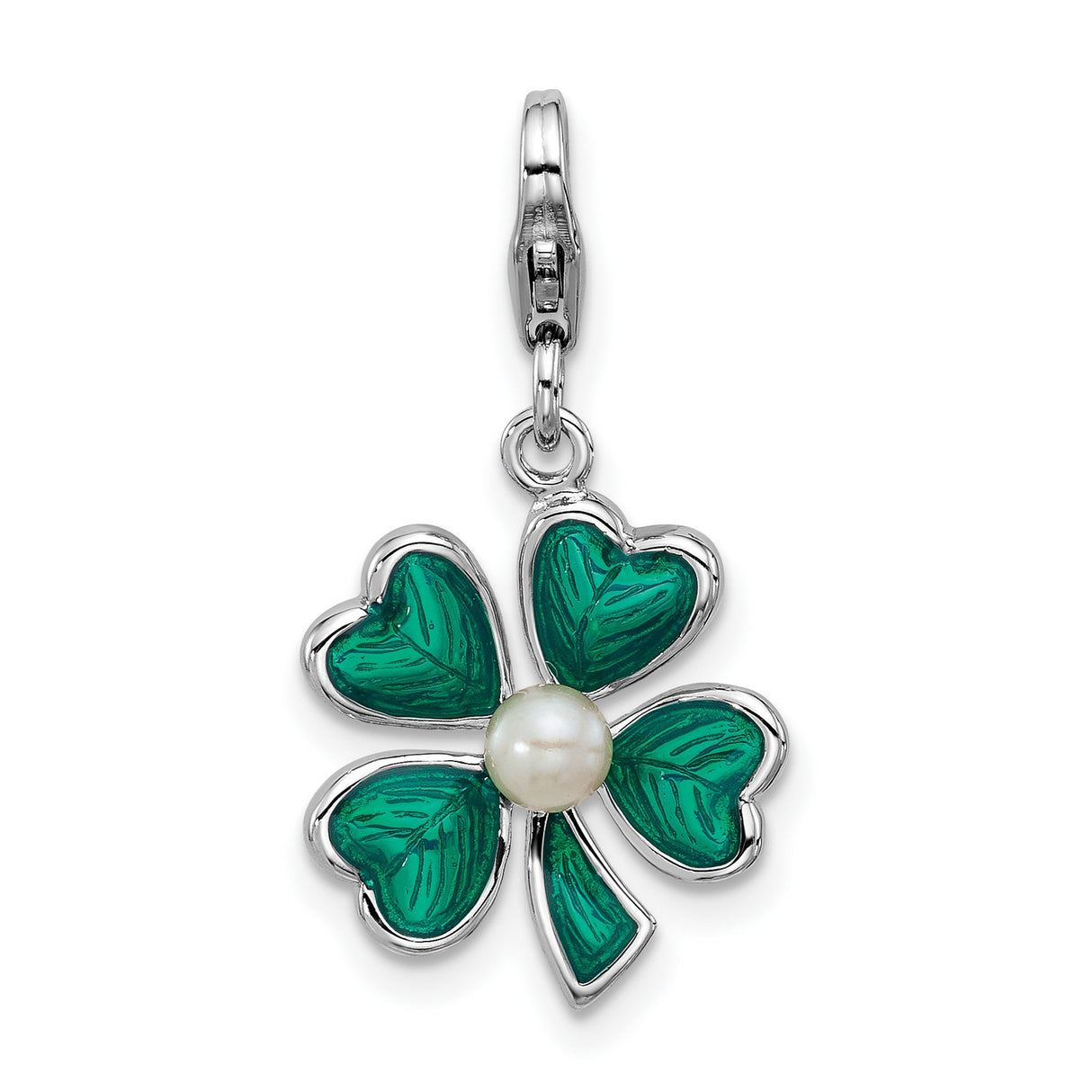 Sterling Silver Four Leaf Clover Pendant with Green Enamel and Pearl Accent