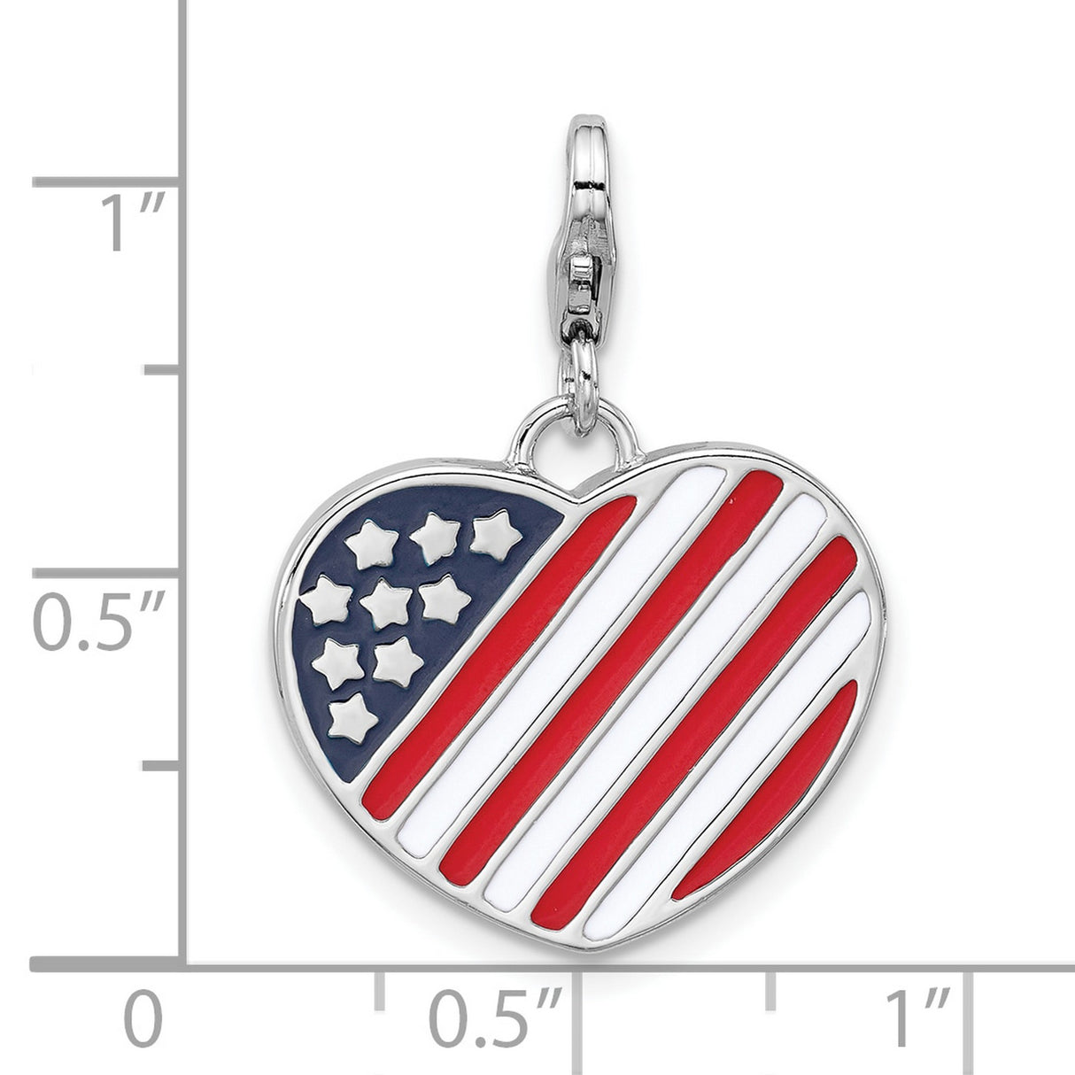 Sterling Silver Heart Shaped American Flag Charm Pendant with Red White Blue Enamel
