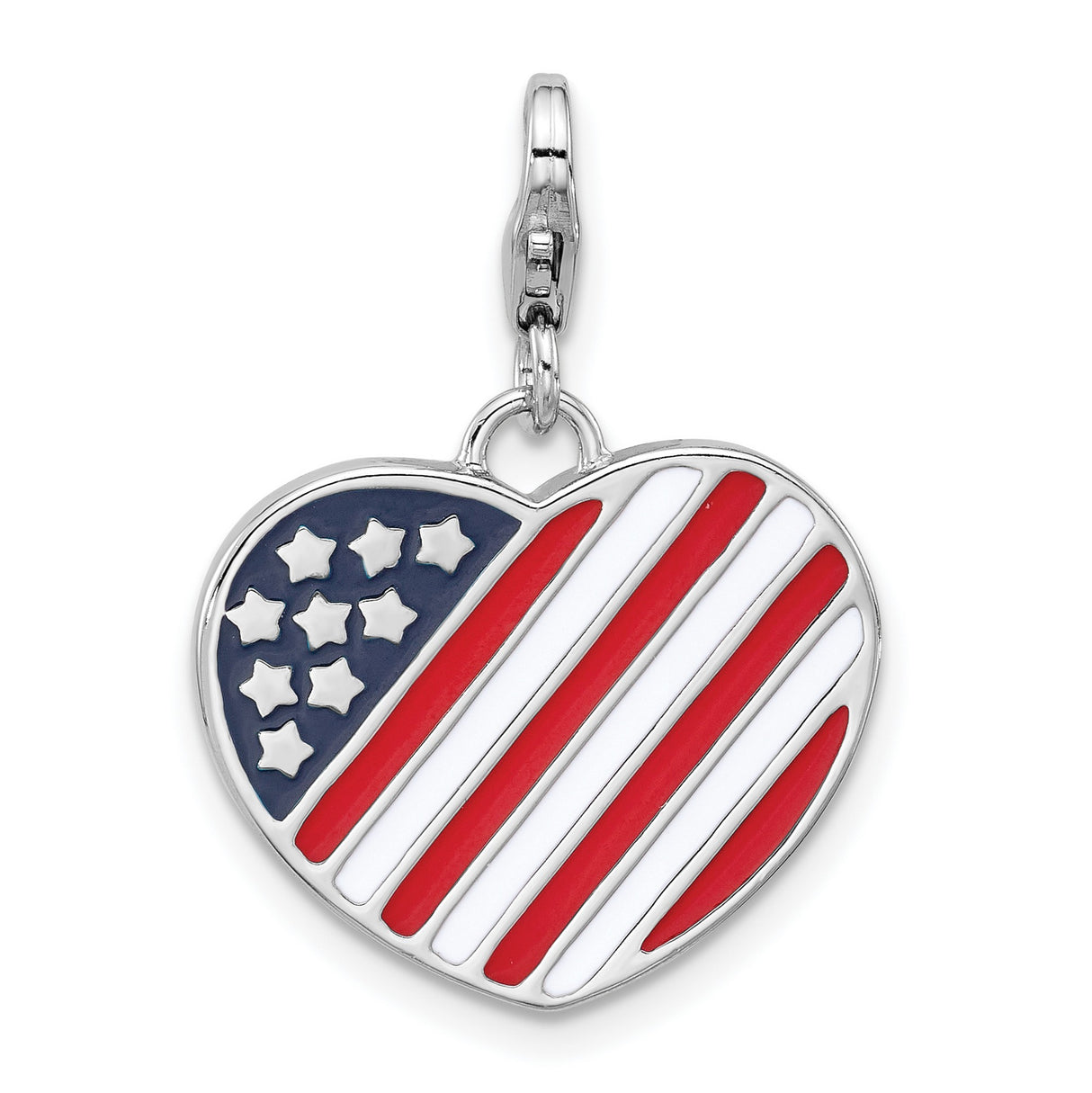 Sterling Silver Heart Shaped American Flag Charm Pendant with Red White Blue Enamel