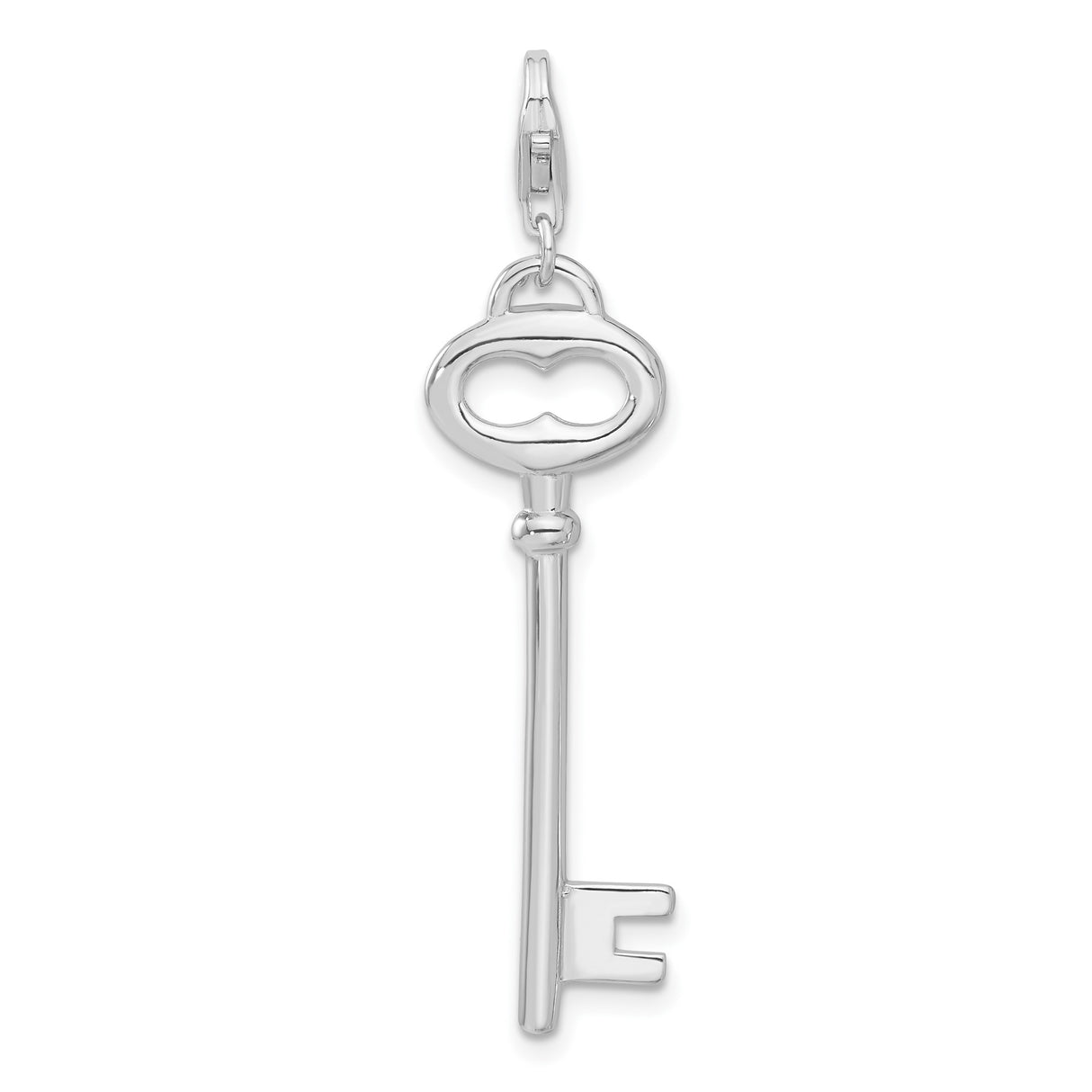 Polished Open Oval Heart Key Clip-On Charm Pendant in Real 925 Sterling Silver