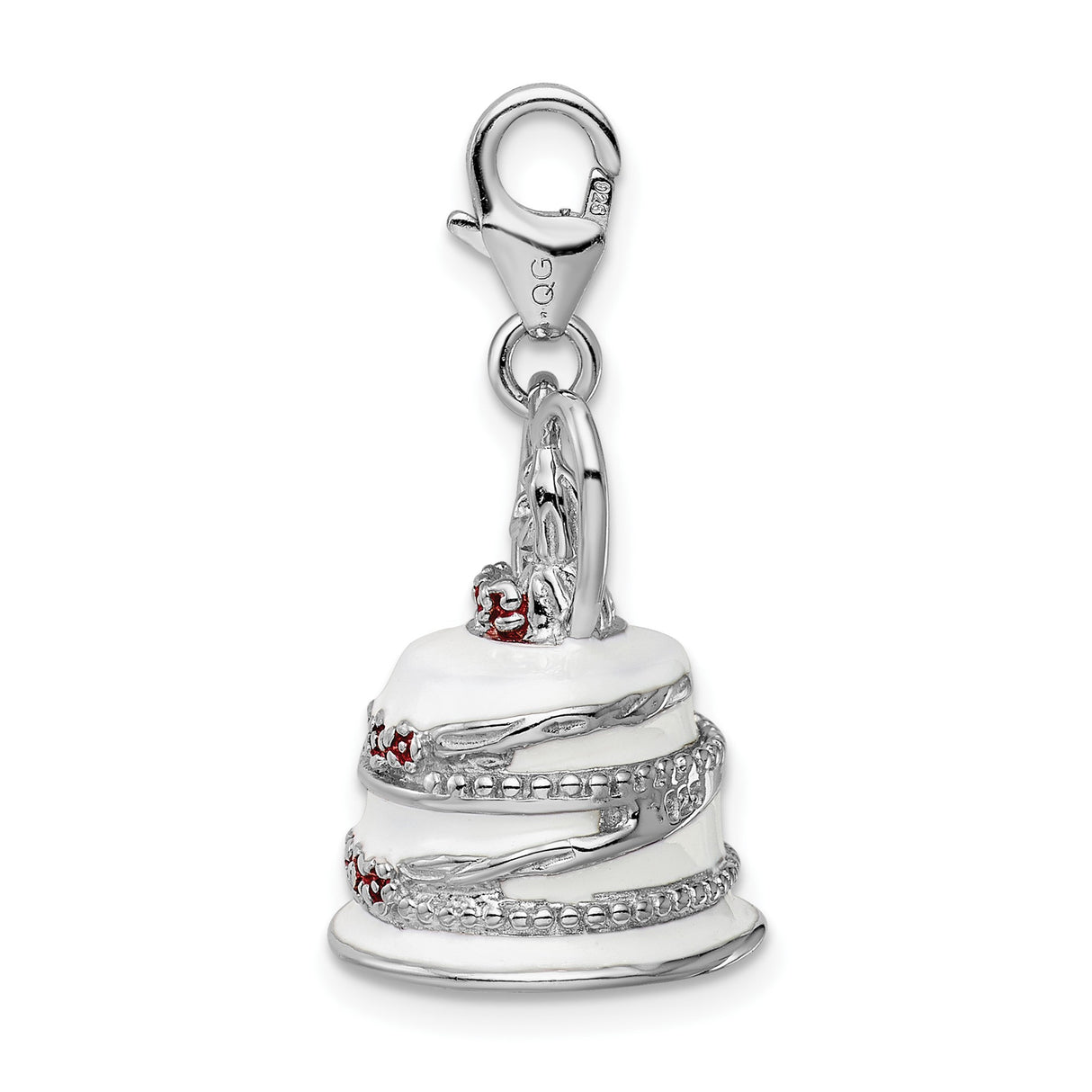 Sterling Silver Wedding Cake Charm Pendant with Bride and Groom and Heart Details
