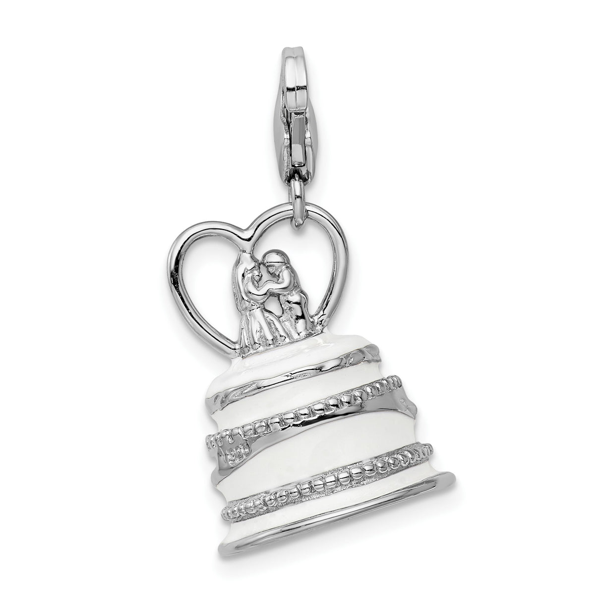 Sterling Silver Wedding Cake Charm Pendant with Bride and Groom and Heart Details