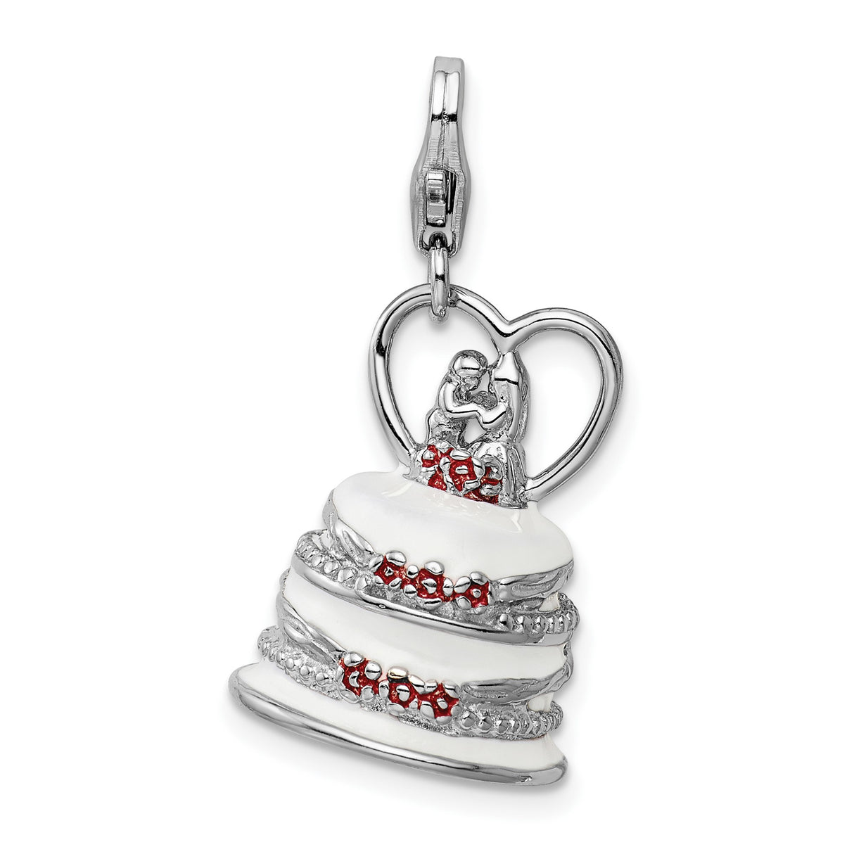 Sterling Silver Wedding Cake Charm Pendant with Bride and Groom and Heart Details