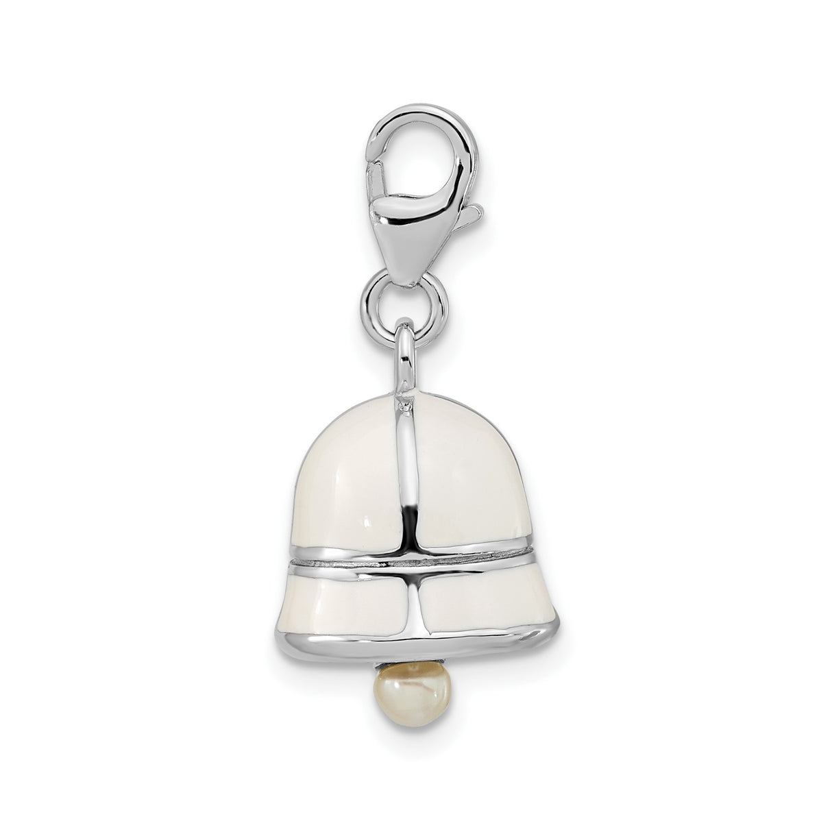 Sterling Silver Bell Charm Pendant with White Enamel and Pearl, Spiritual Holiday Jewelry