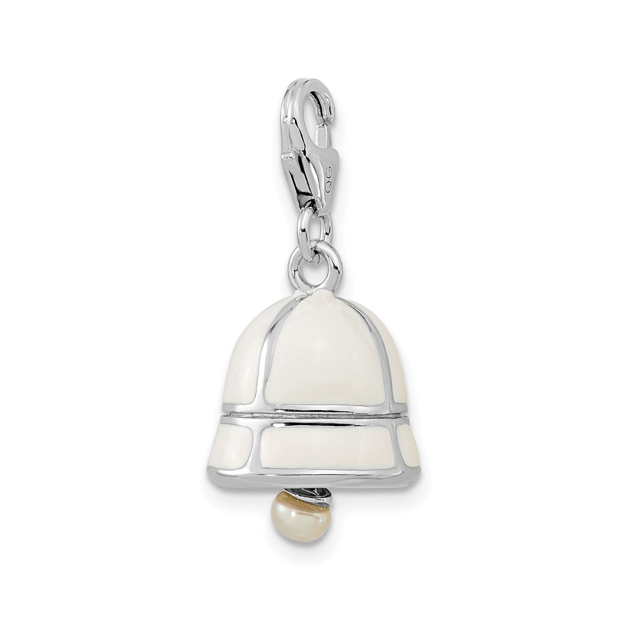 Sterling Silver Bell Charm Pendant with White Enamel and Pearl, Spiritual Holiday Jewelry