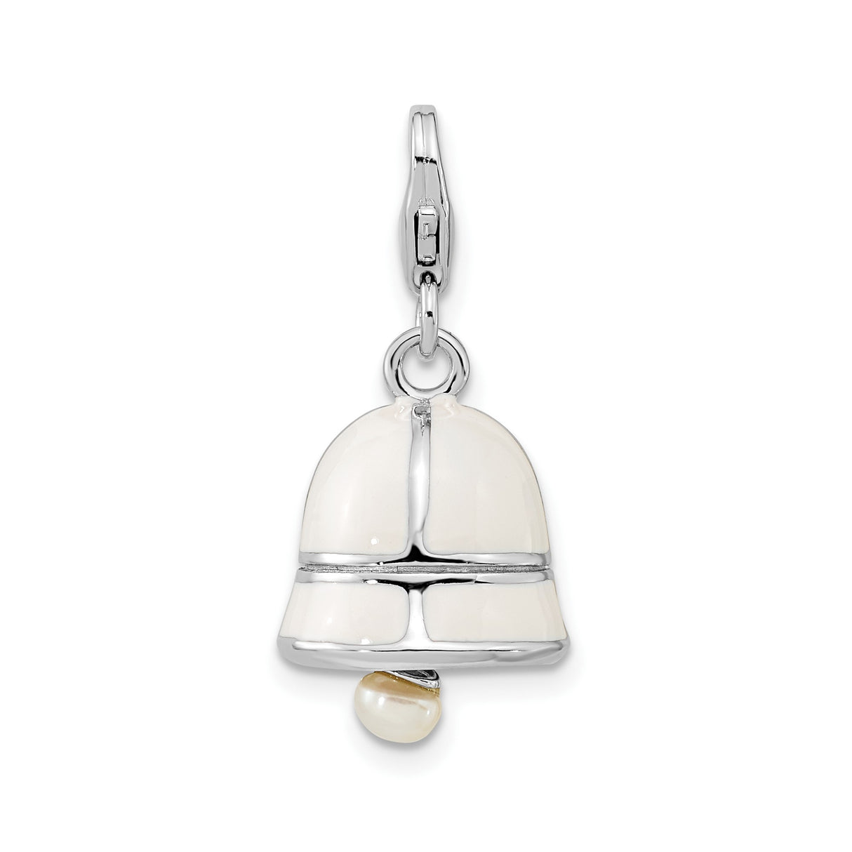Sterling Silver Bell Charm Pendant with White Enamel and Pearl, Spiritual Holiday Jewelry