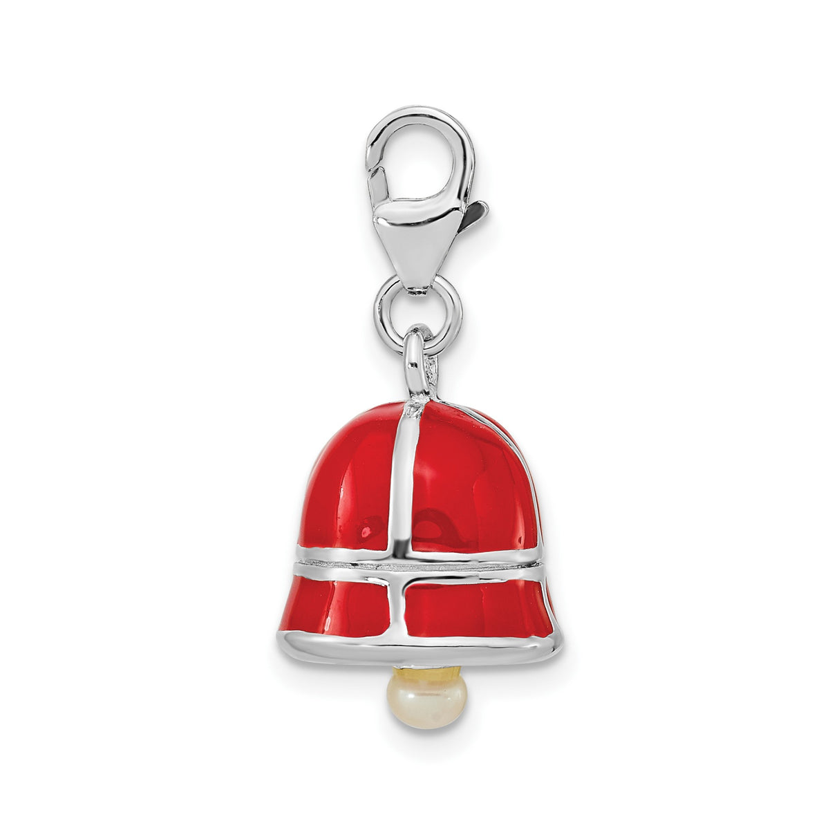 Sterling Silver Bell Charm with Red Enamel and Pearl Accent, Christmas Holiday Jewelry for Women