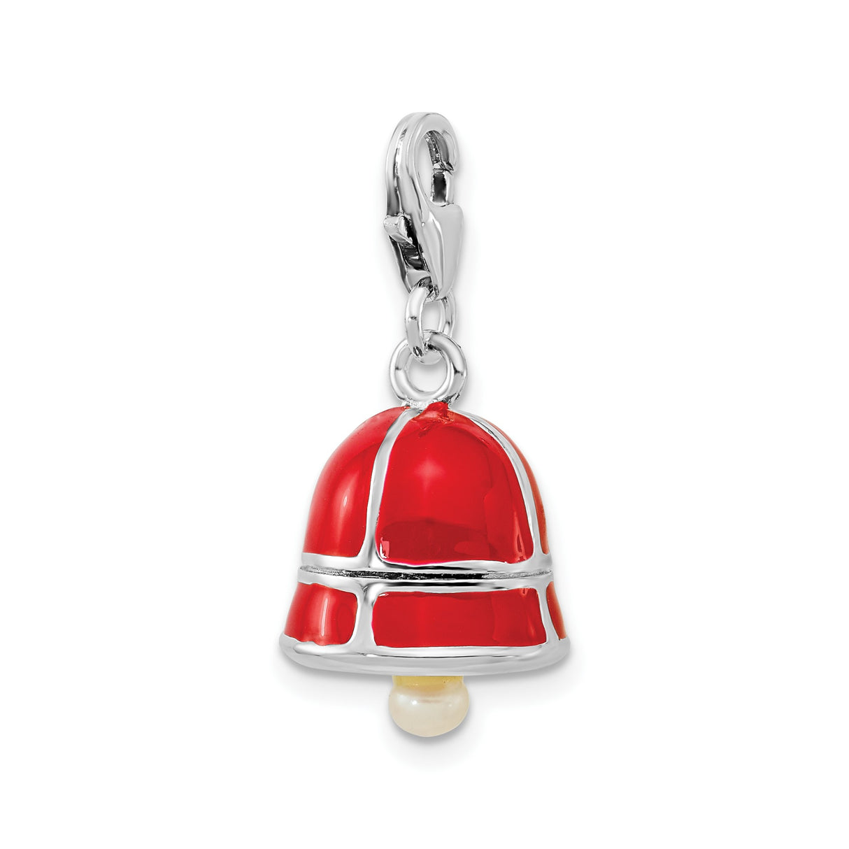 Sterling Silver Bell Charm with Red Enamel and Pearl Accent, Christmas Holiday Jewelry for Women