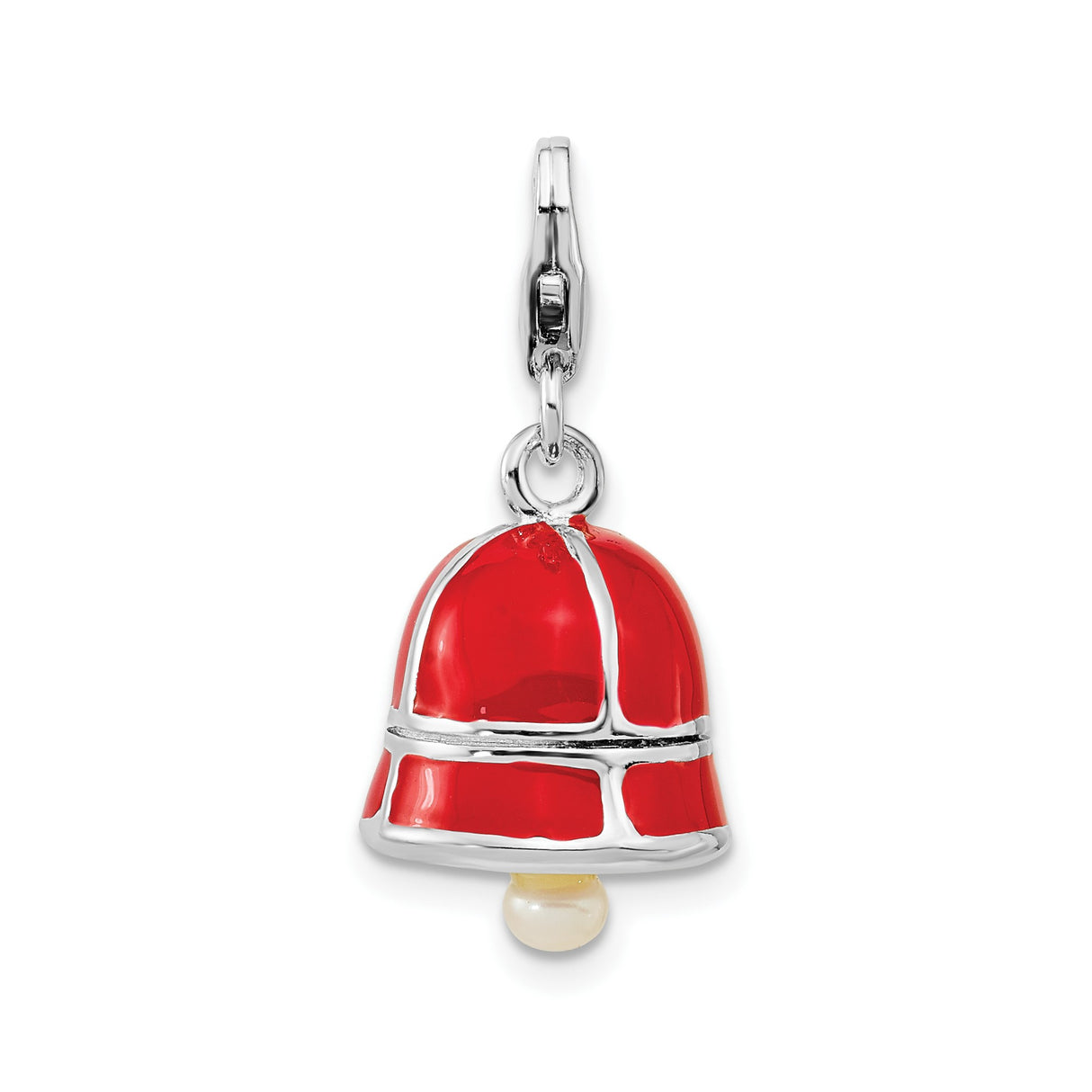 Sterling Silver Bell Charm with Red Enamel and Pearl Accent, Christmas Holiday Jewelry for Women