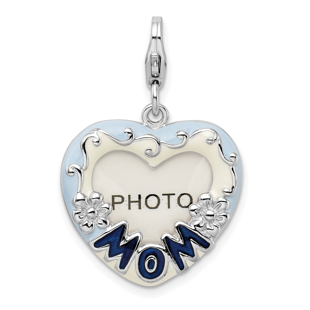 Sterling Silver Heart Locket Pendant with Blue Enamel MOM and Floral Scroll Design
