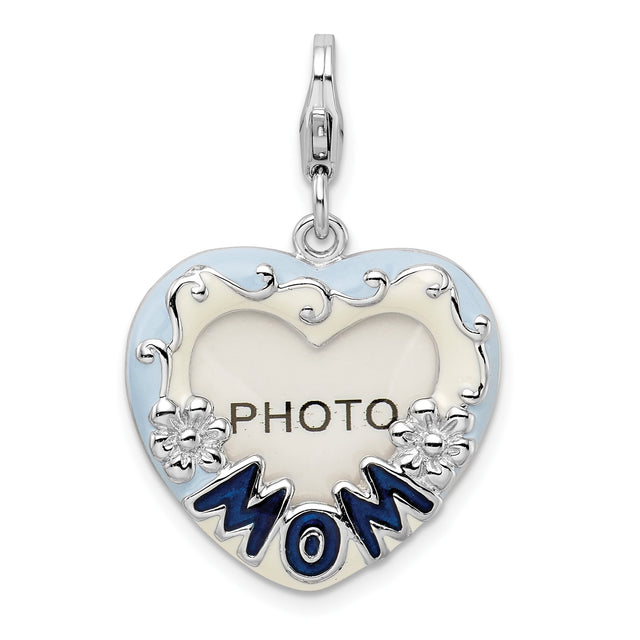 Sterling Silver Heart Locket Pendant with Blue Enamel MOM and Floral Scroll Design
