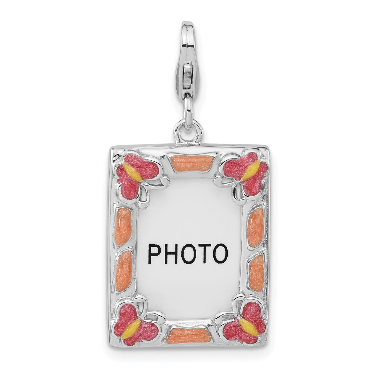 Sterling Silver Photo Frame Pendant with Pink and Orange Enamel Butterflies and Floral Accents